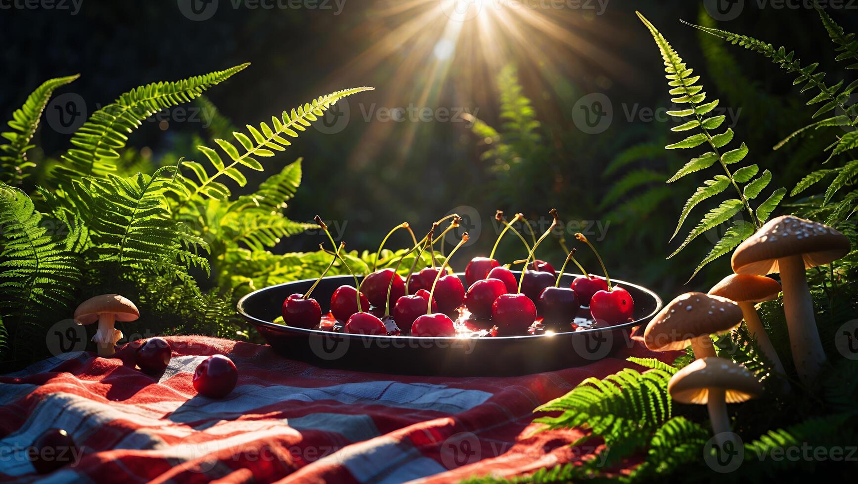 Cherries in a Tray on Blanket with Ferns and Mushroom Decor photo