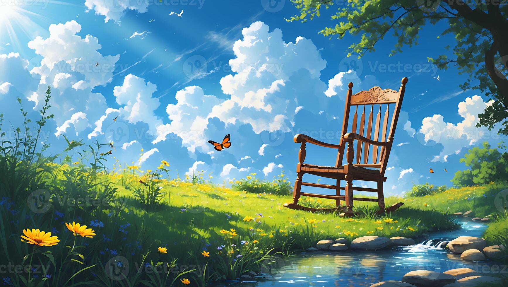 Rocking Chair on a Spring Meadow Near a Stream in Nature photo