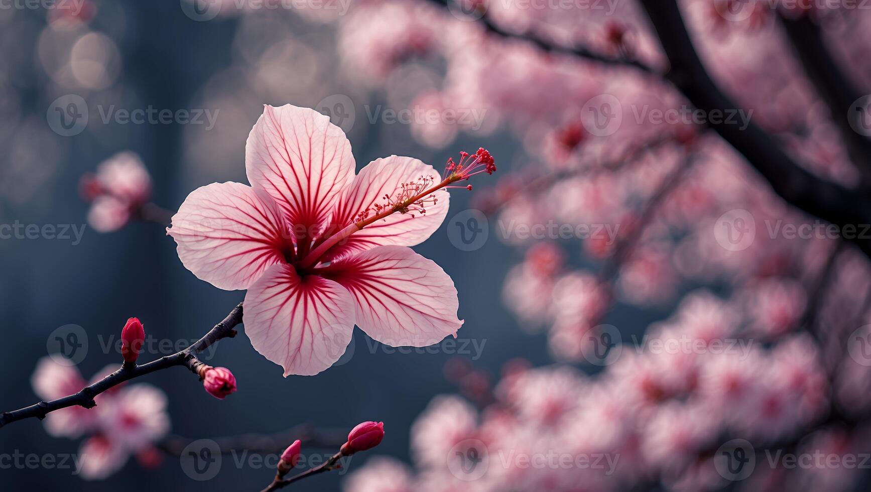 Delicate Pink Flower Blooming on Branch with Soft Background photo