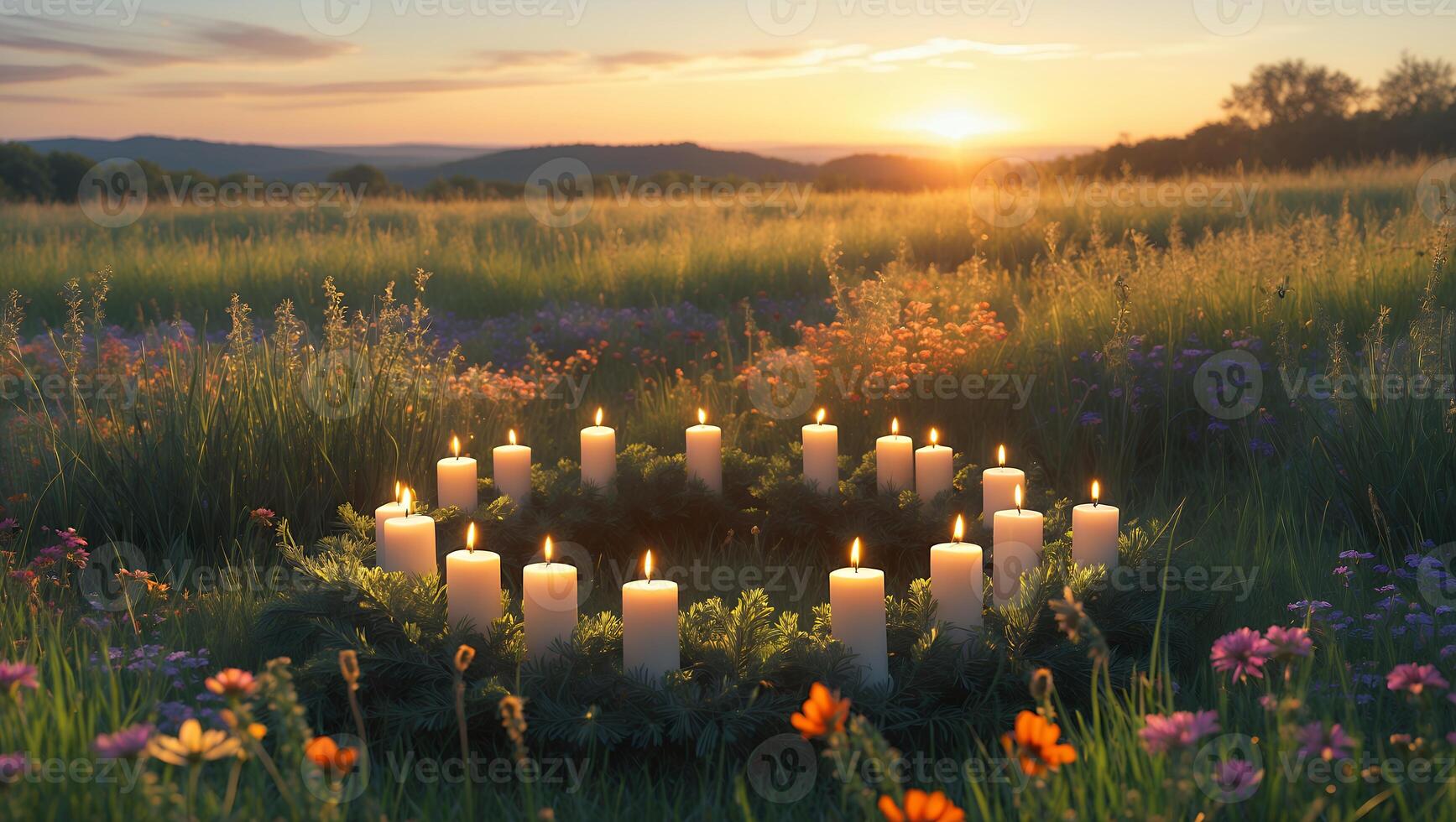 Candlelit Wreath in Meadow at Sunset, Golden Hour Scene photo