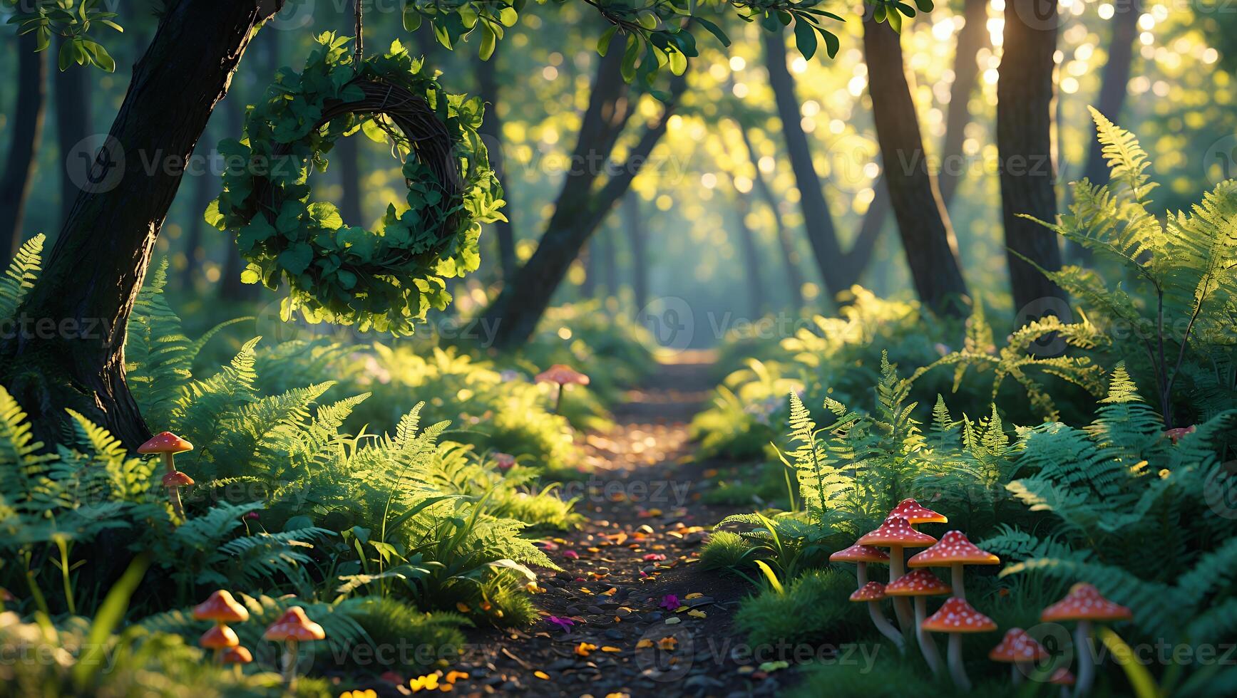 Enchanting Forest Path with Mushrooms and Wreath Bathed in Sunlight photo
