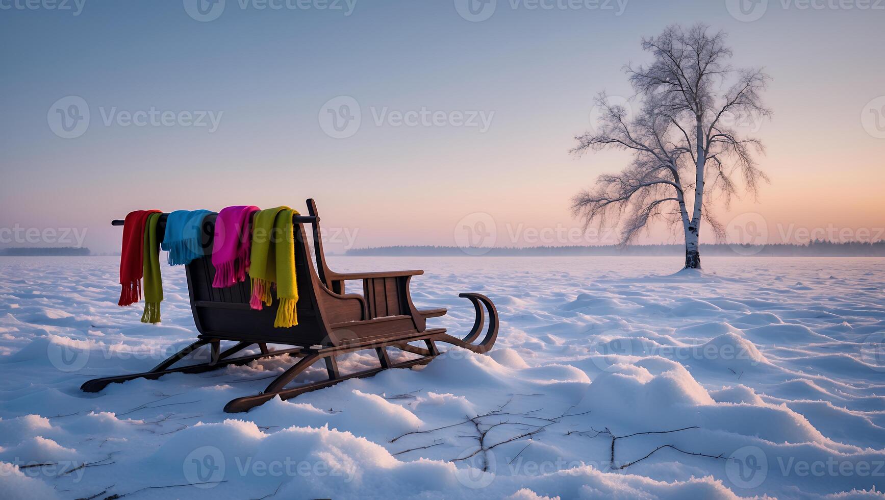 Wooden Sleigh with Colorful Scarves in a Snowy Winter Landscape photo
