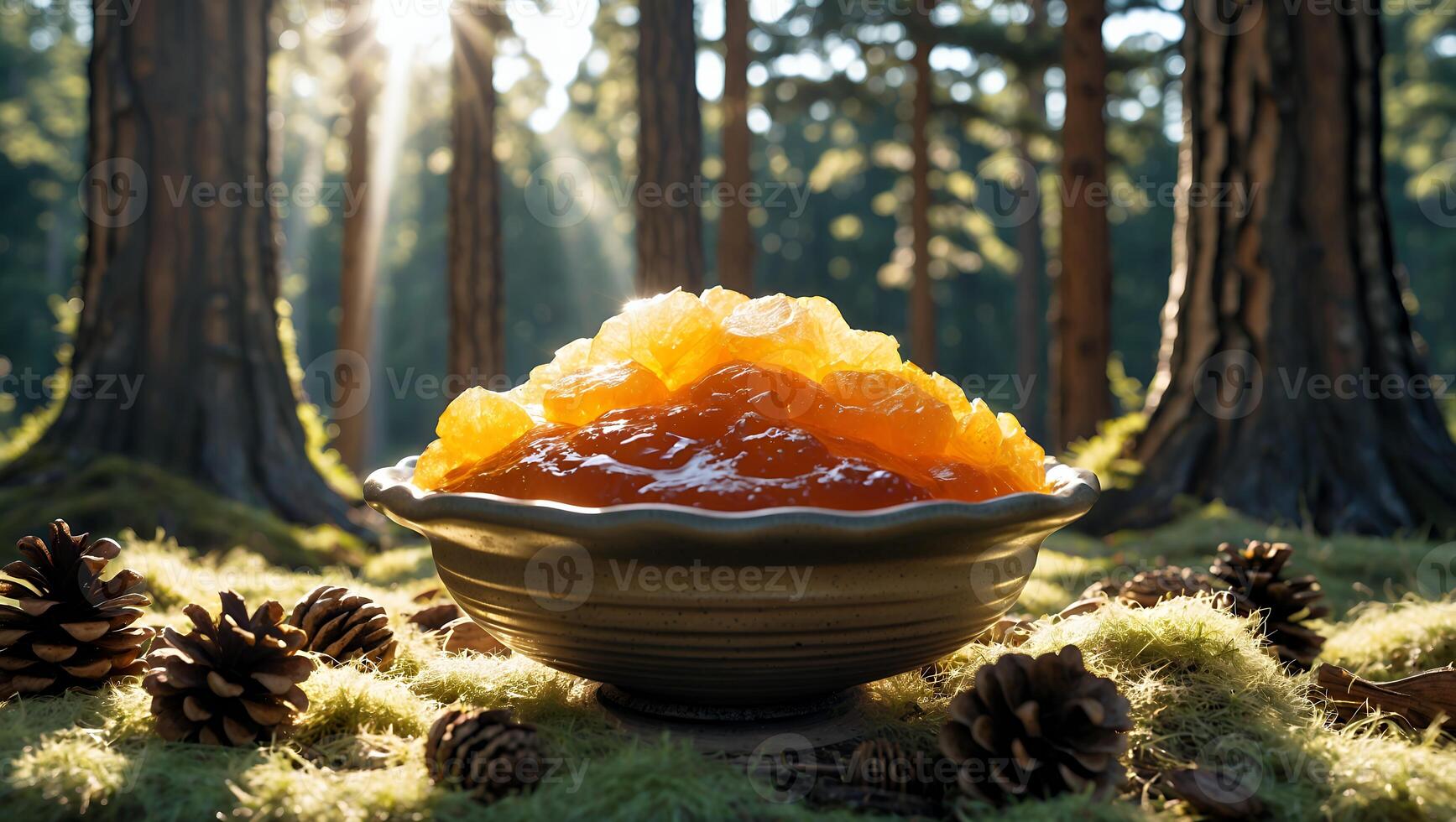 Bowl of Orange Marmalade in Forest Clearing with Sunlight photo