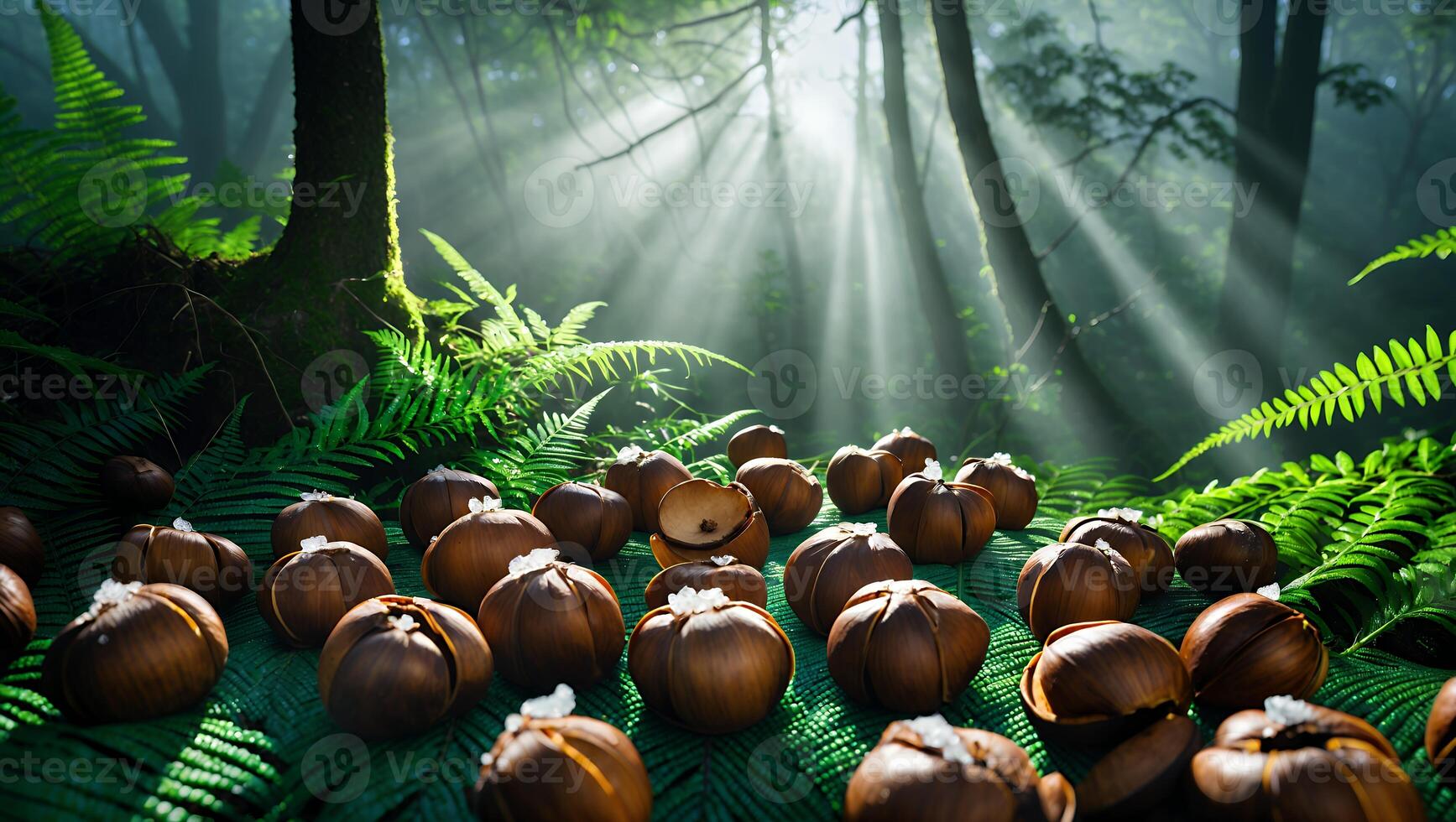 Arrangement of Round Brown Objects on Ferns in a Misty Forest photo