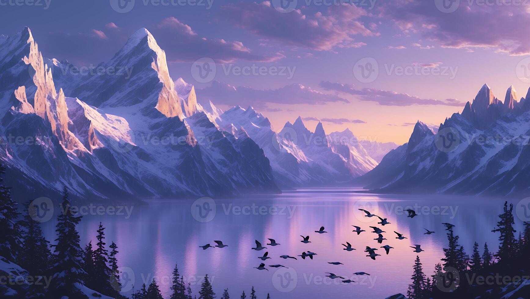 Snowy Mountain Range Reflecting on Lake with Flying Birds at Dusk photo