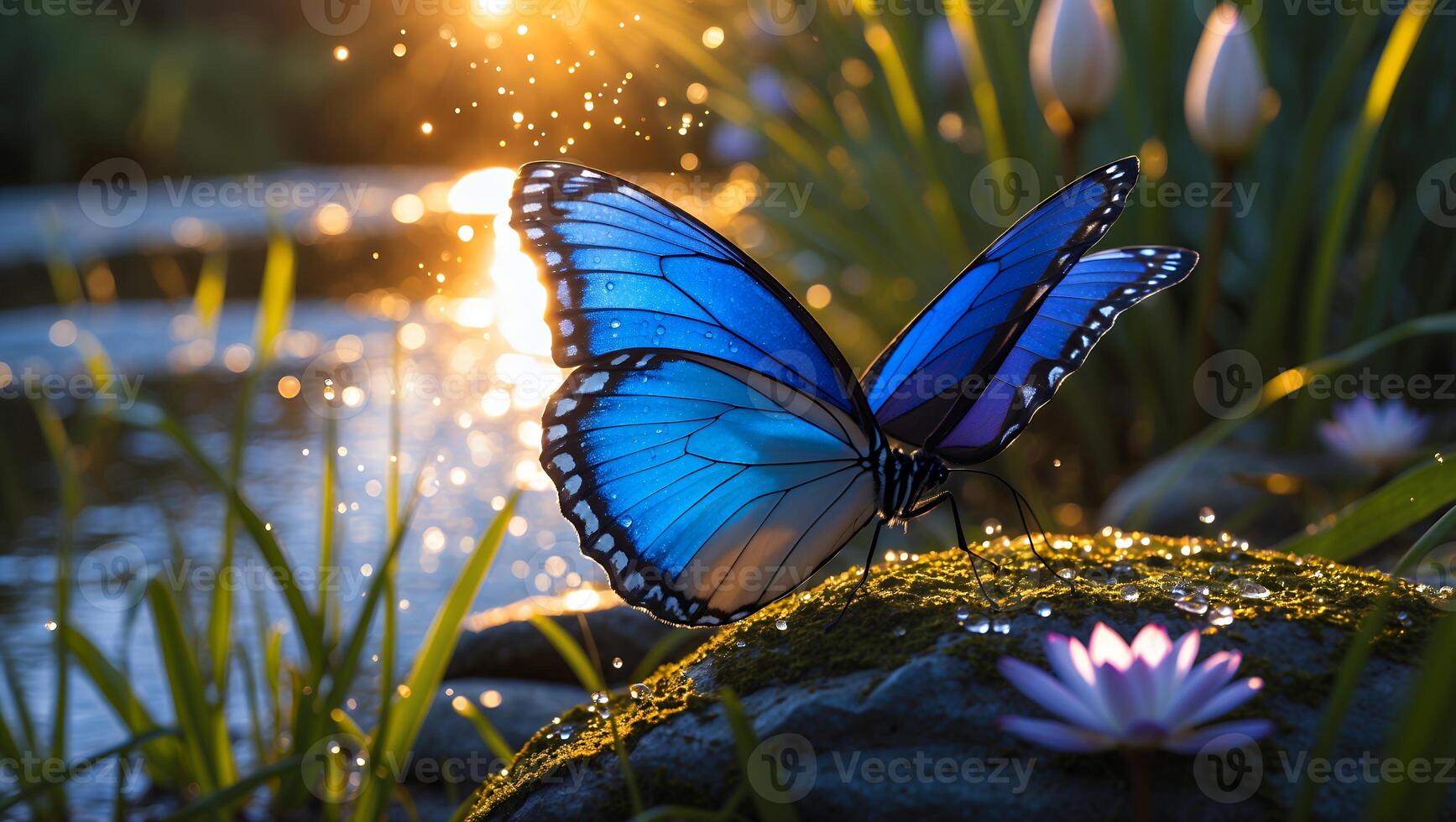 Blue Butterfly on Mossy Stone Near Pond with Sunlight Reflection photo