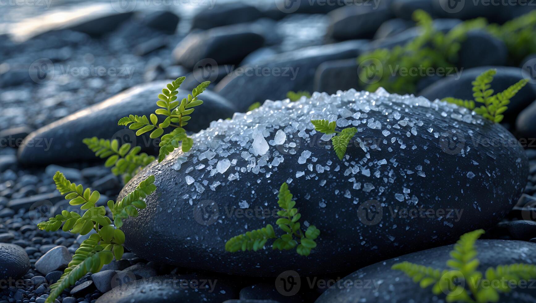 Rock Adorned with Crystals and Ferns on Pebble Beach at Dusk photo
