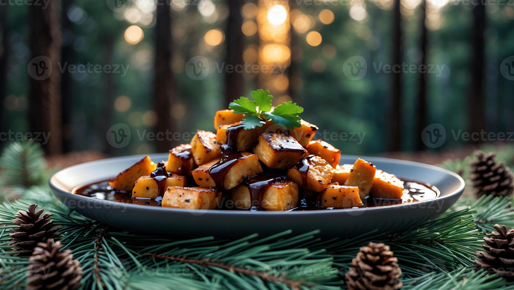 Roasted Sweet Potatoes with Sauce on Plate in a Forest Setting photo