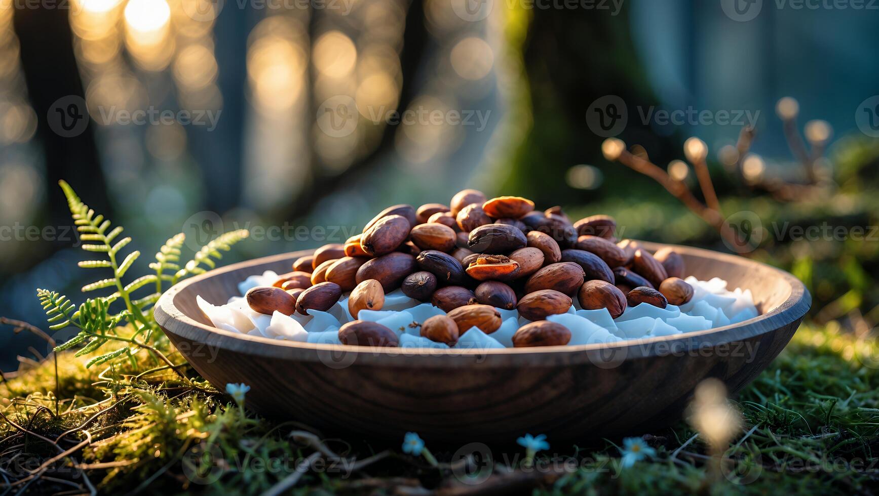 Cocoa Beans in a Bowl on Mossy Ground with Forest Backdrop photo
