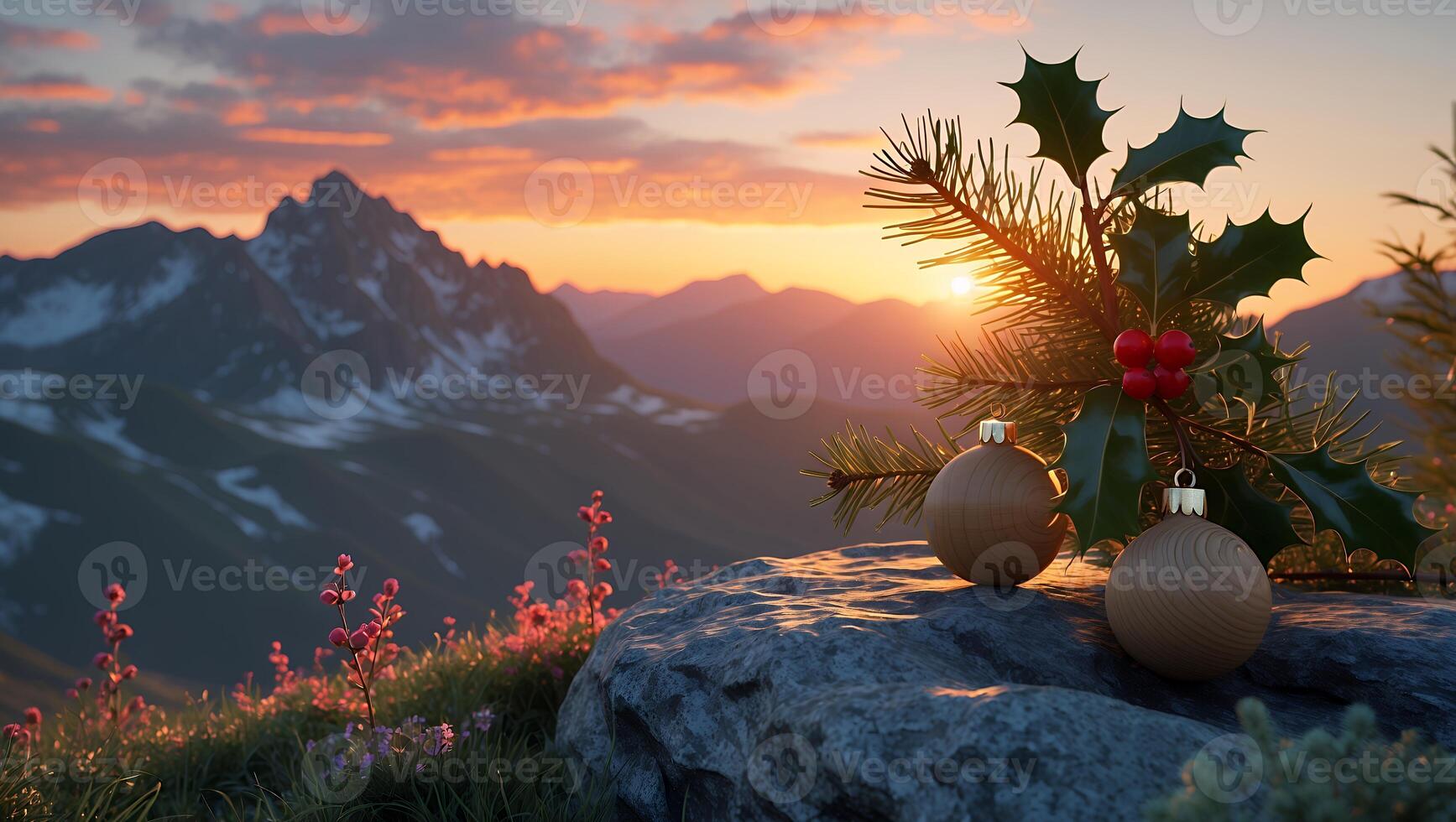 Christmas Ornaments Atop Mountain Overlook at Golden Hour Sunset photo