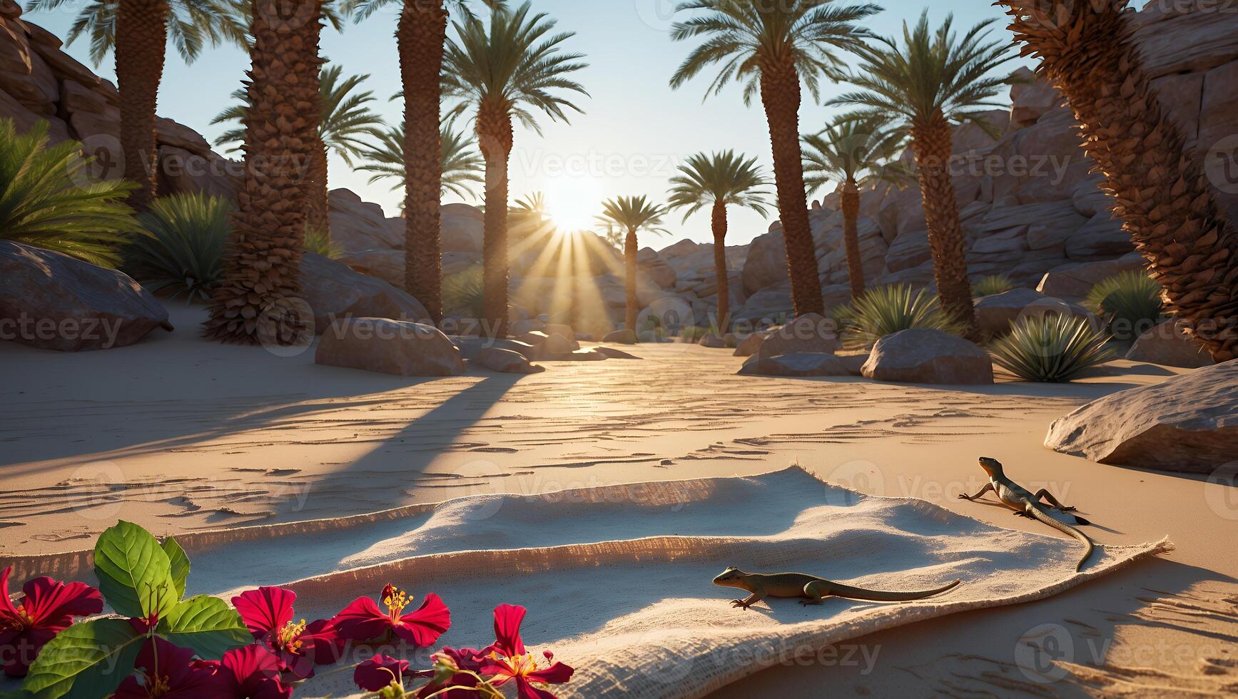 Desert Oasis Scene with Palm Trees Lizards and Red Flowers photo