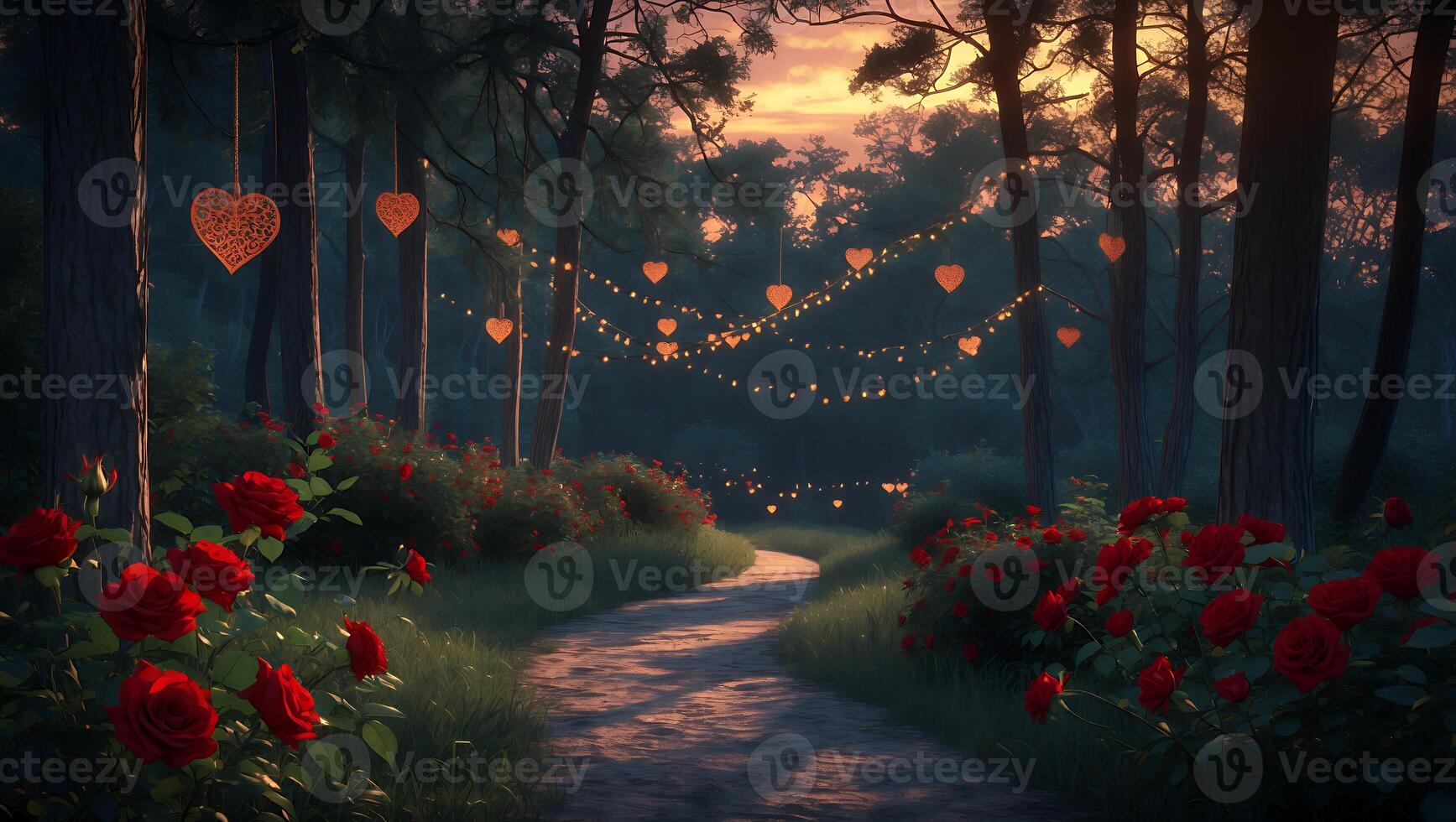 Walking Path Through Forest Decorated with Roses and Heart Shaped Lights photo