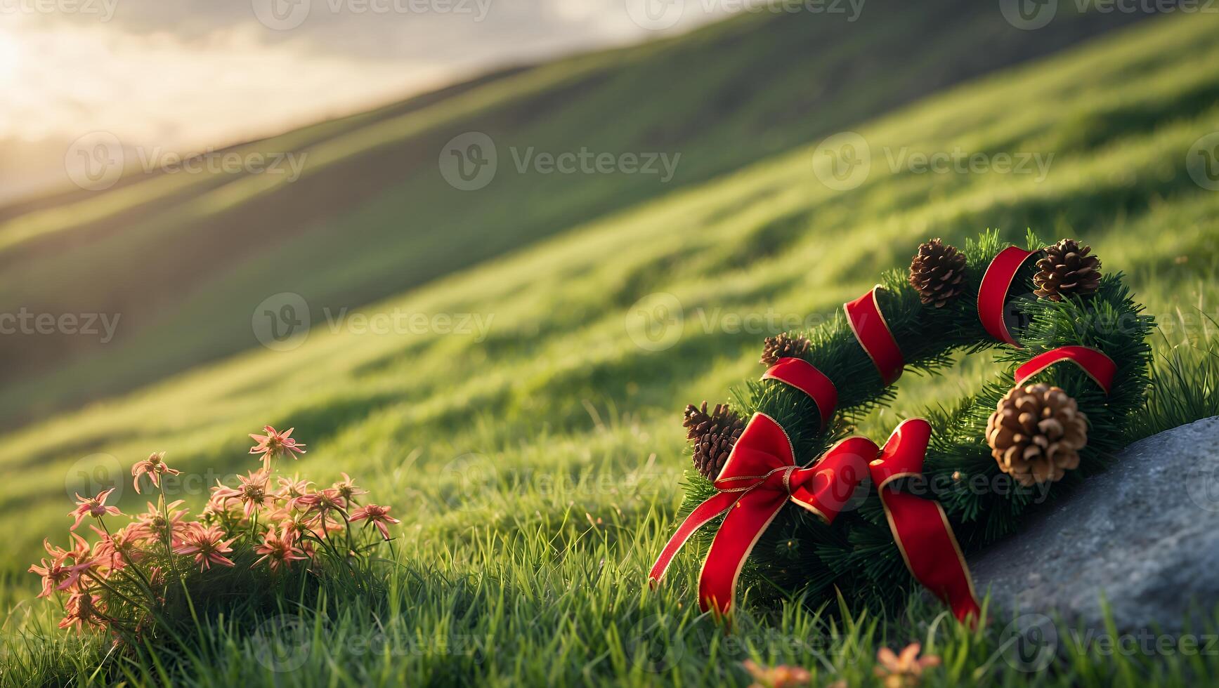 Wreath Resting in Grassy Field with Red Bows and Pinecones photo