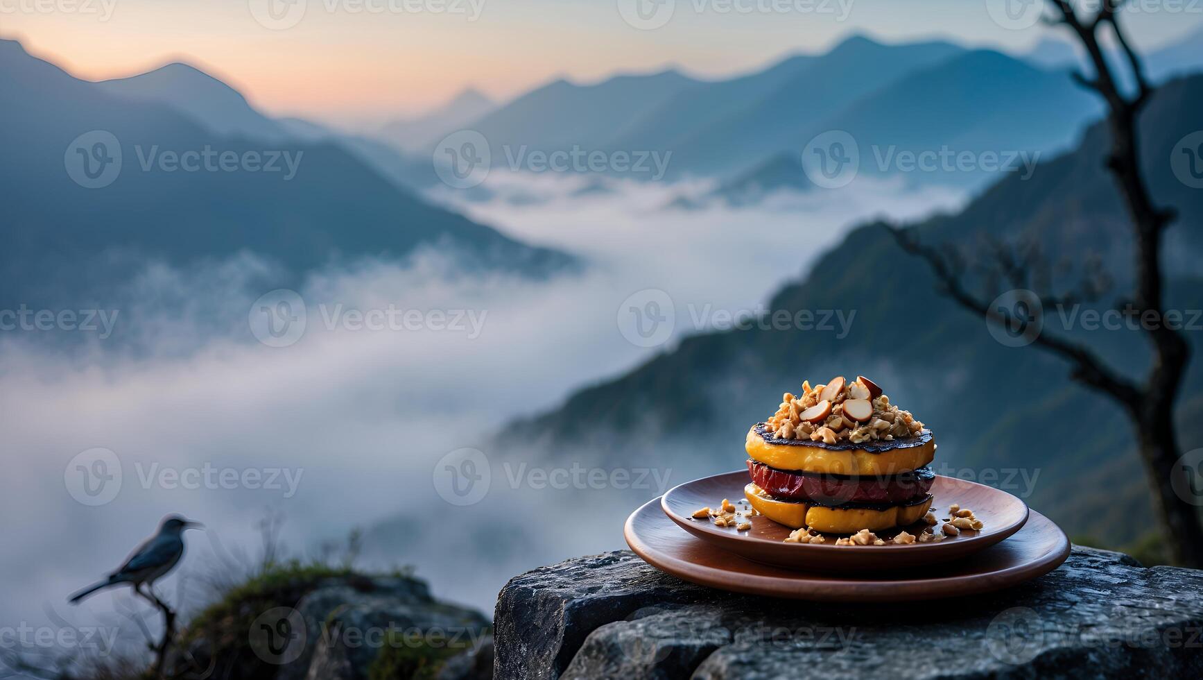 Stack of Pancakes on a Wooden Plate with Mountain View Scenery photo