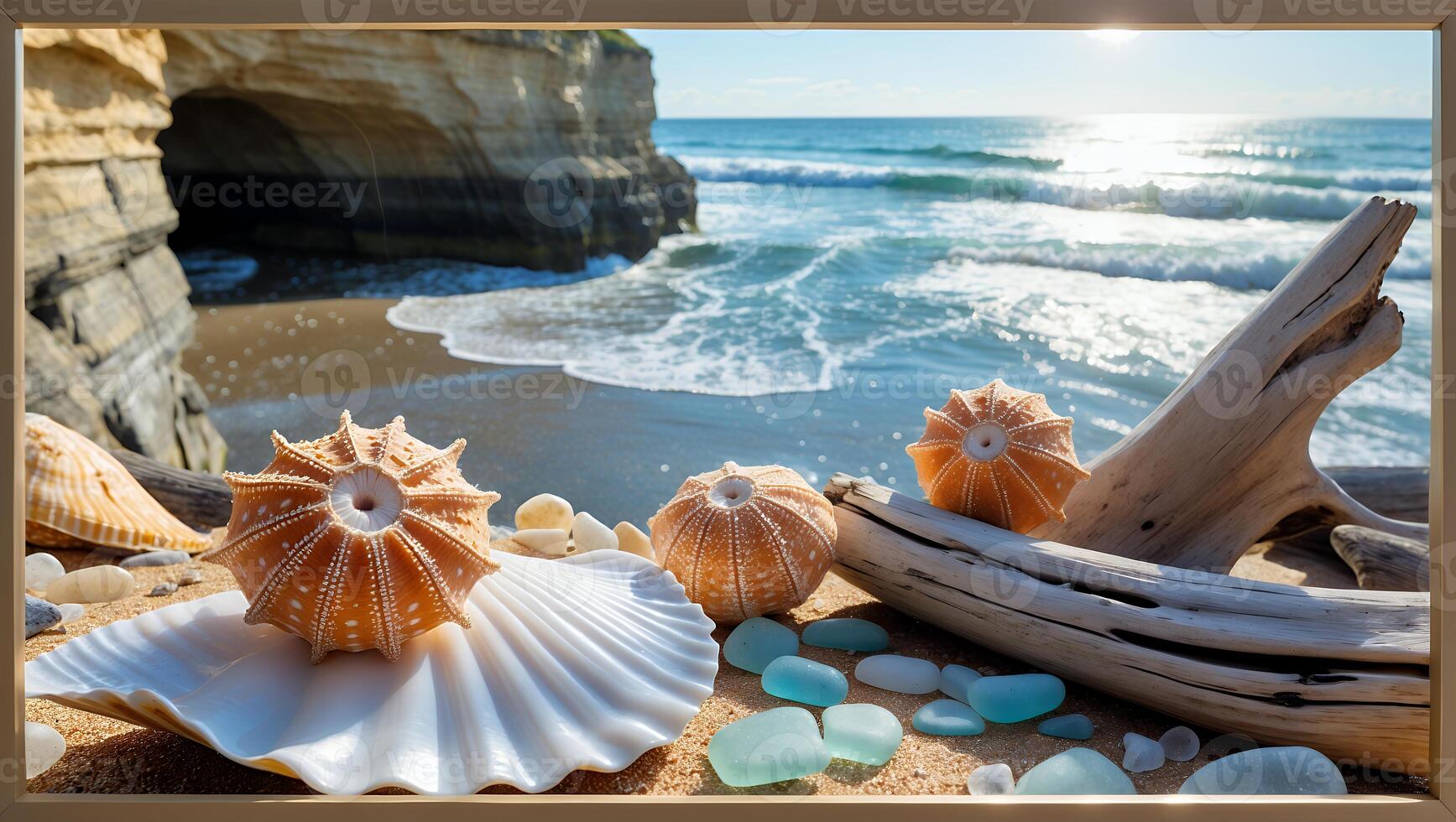 Seashells and Sea Urchins on Sandy Beach with Ocean View photo