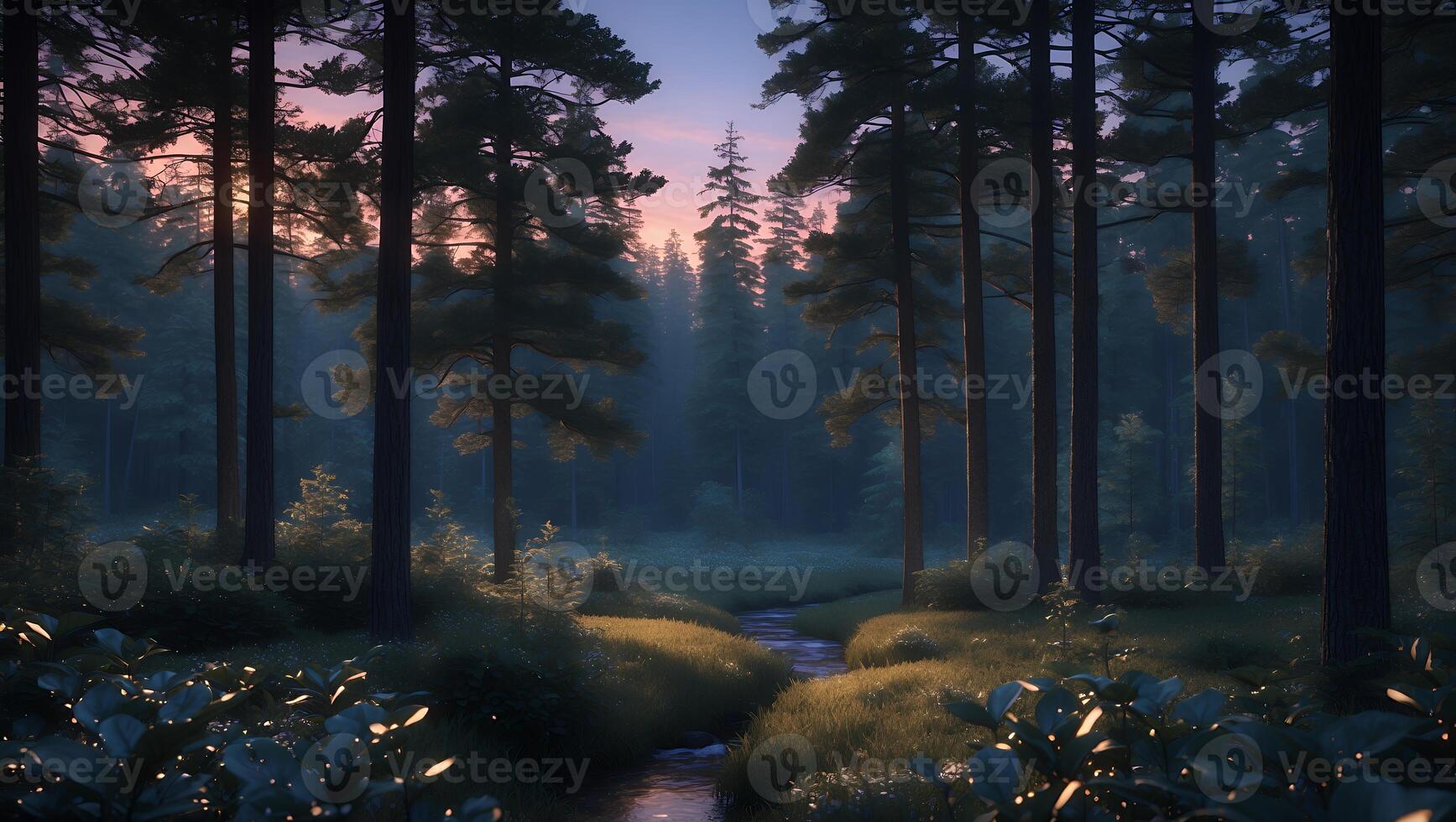 Stream Flowing Through a Dense Forest with Sunset Light photo