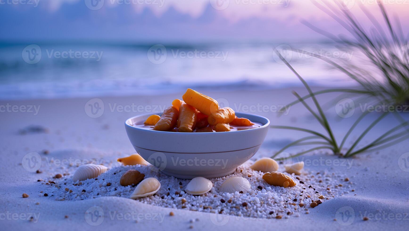 Bowl of Fruit by the Ocean at Dusk on Sandy Beach photo