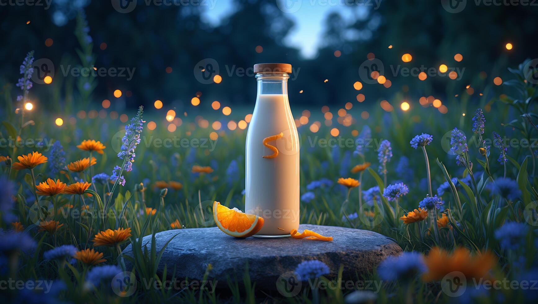 Bottle with Orange Juice and Orange Slice in a Flower Meadow photo