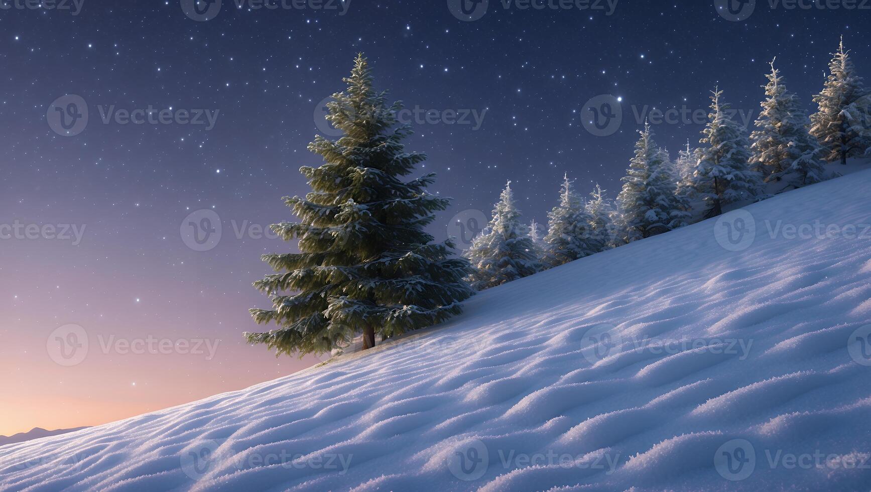 Snowy Hillside with Evergreen Trees Under a Starry Night Sky photo