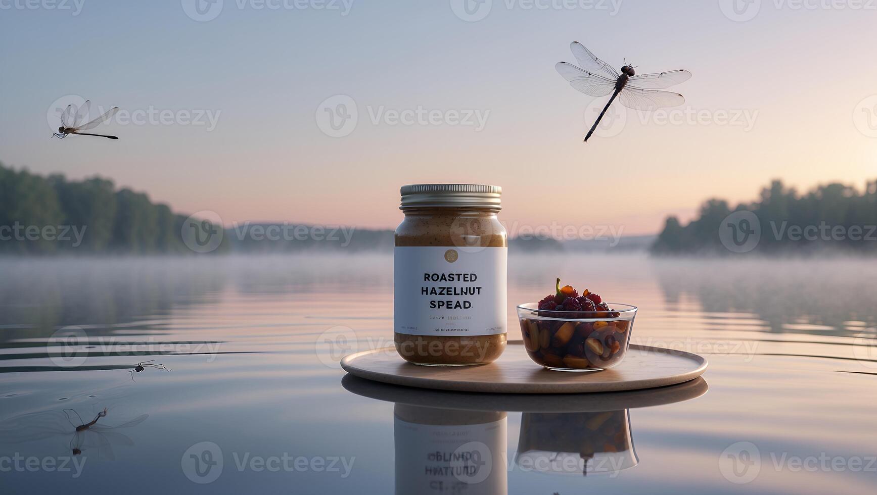 Hazelnut Spread and Fruit Near Serene Water with Dragonflies Flying photo