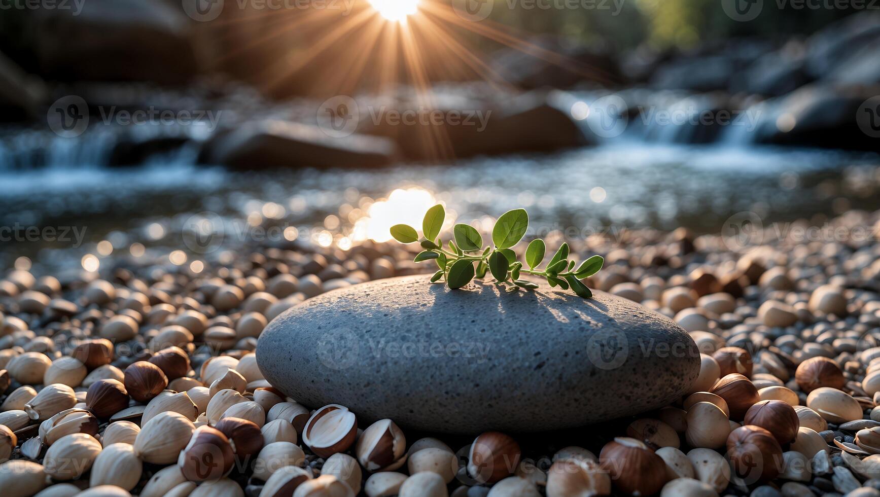 Plant Growing on Stone by Flowing River with Warm Sun Light photo