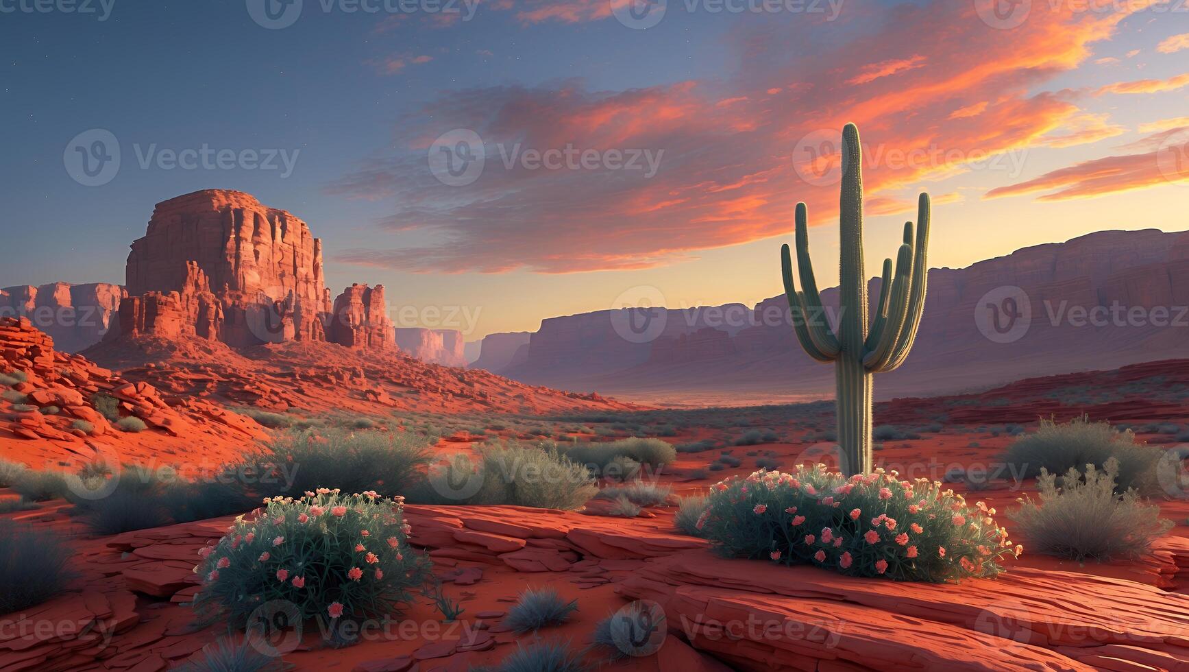 Arizona Desert Landscape with Cactus at Sunset and Red Rock Formations photo