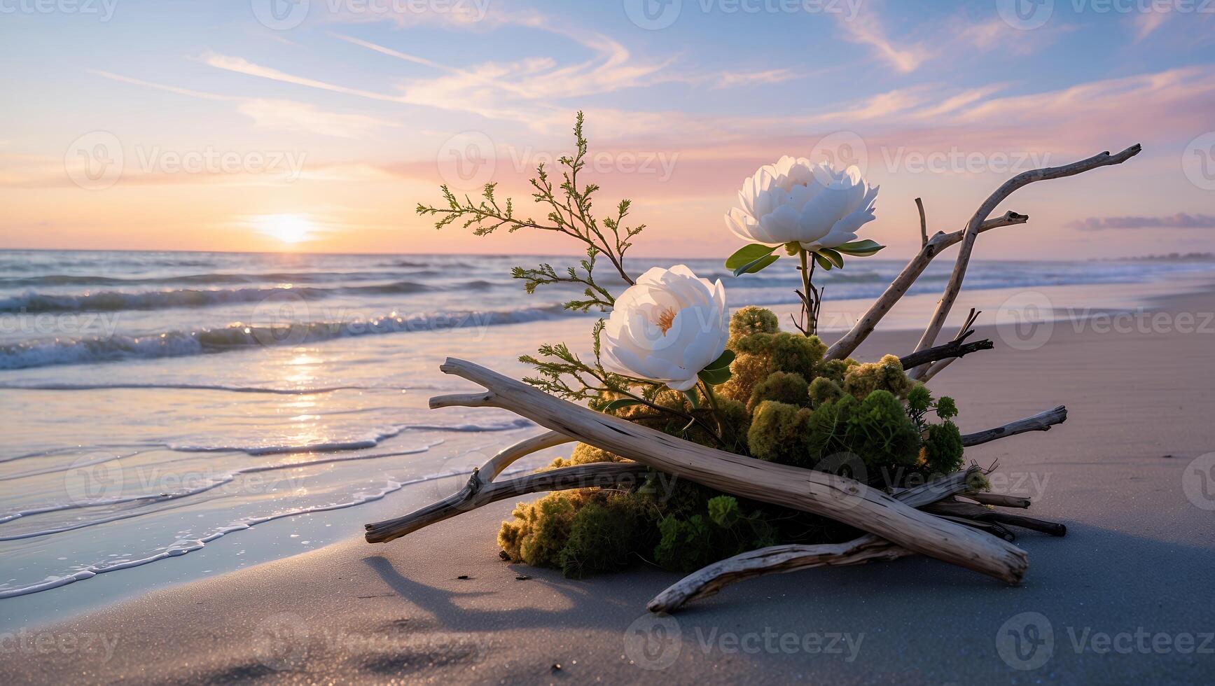Floral Arrangement on Beach at Sunset with Waves and Driftwood photo