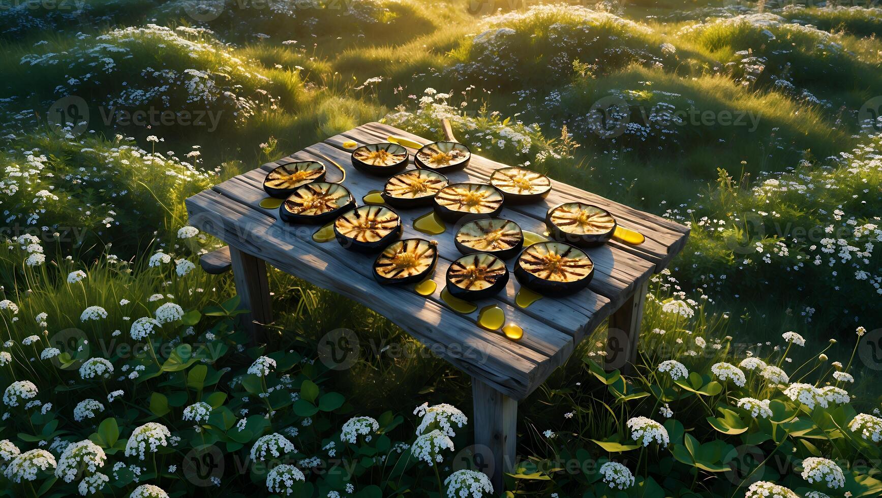 Arrangement of Grilled Eggplant Slices on Wooden Table in Meadow photo