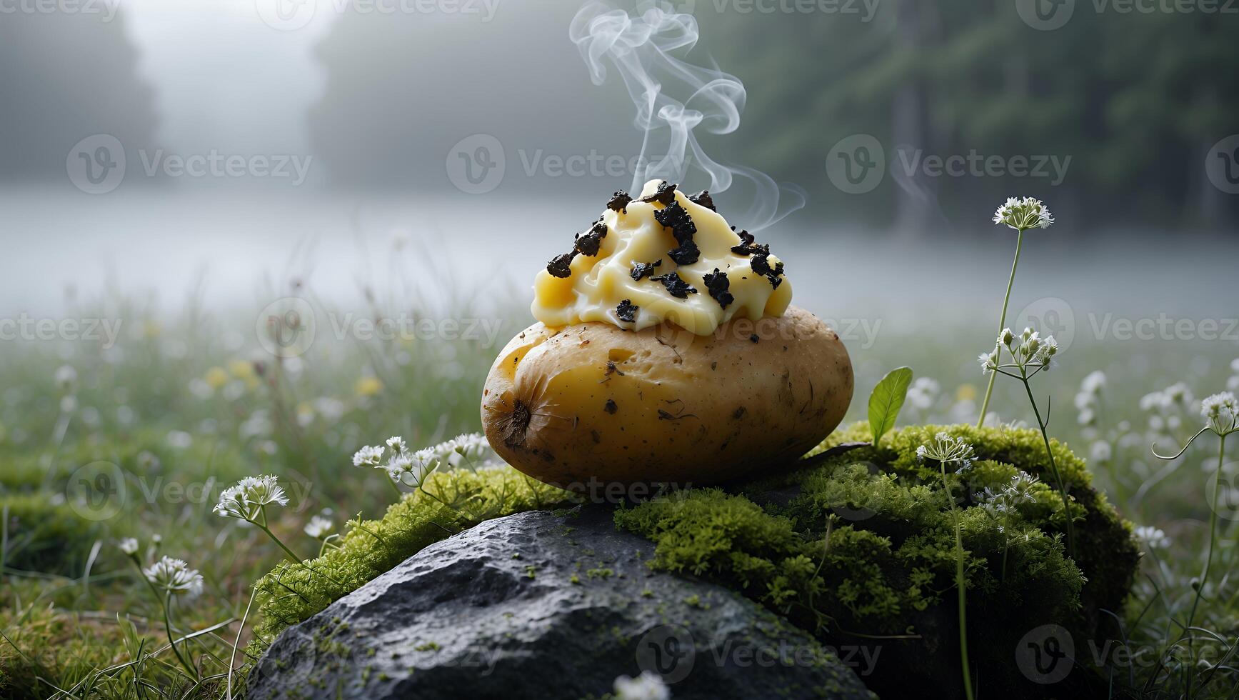 Baked Potato with Topping on Rock in Nature with Fog Rising photo