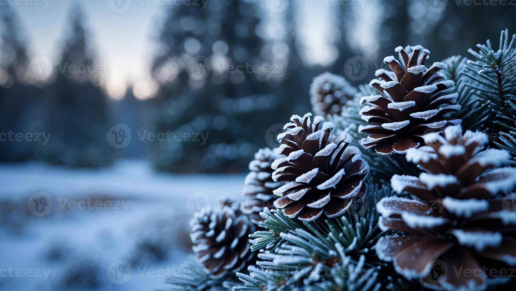 Frost Covered Pine Cones on Evergreen Branch in Winter Forest photo