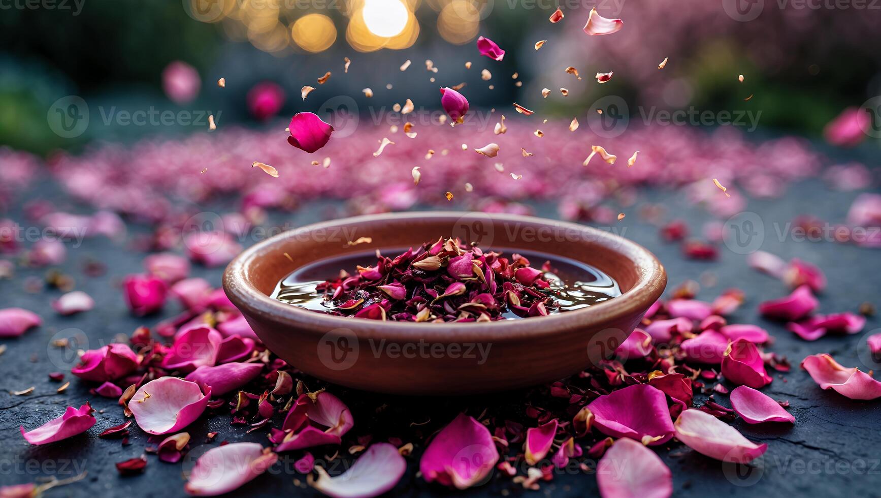Falling Rose Petals and Bowl with Oil for Spa and Aromatherapy photo
