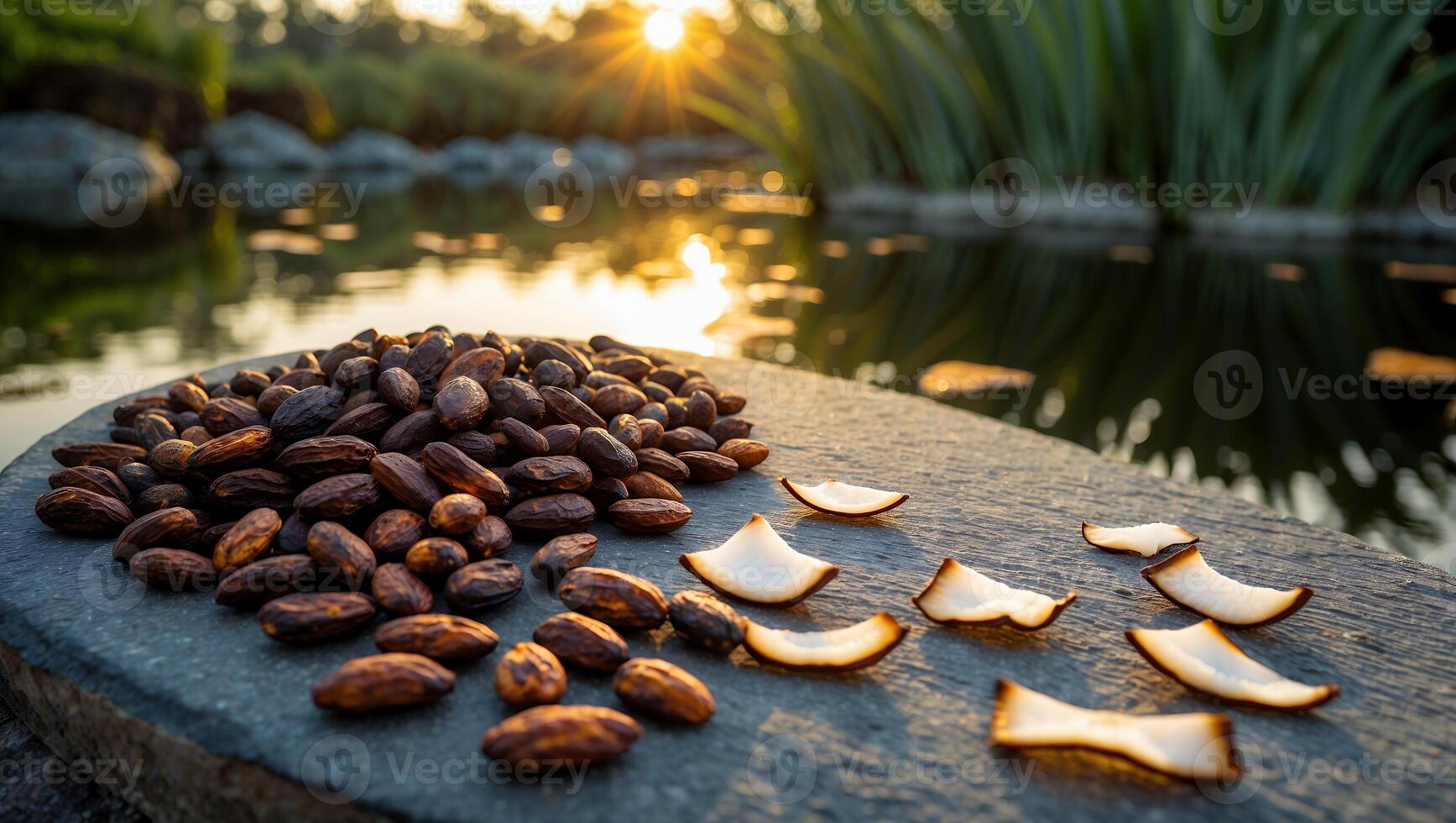 Arrangement of Cocoa Beans and Coconut Slices Near Water at Sunset photo