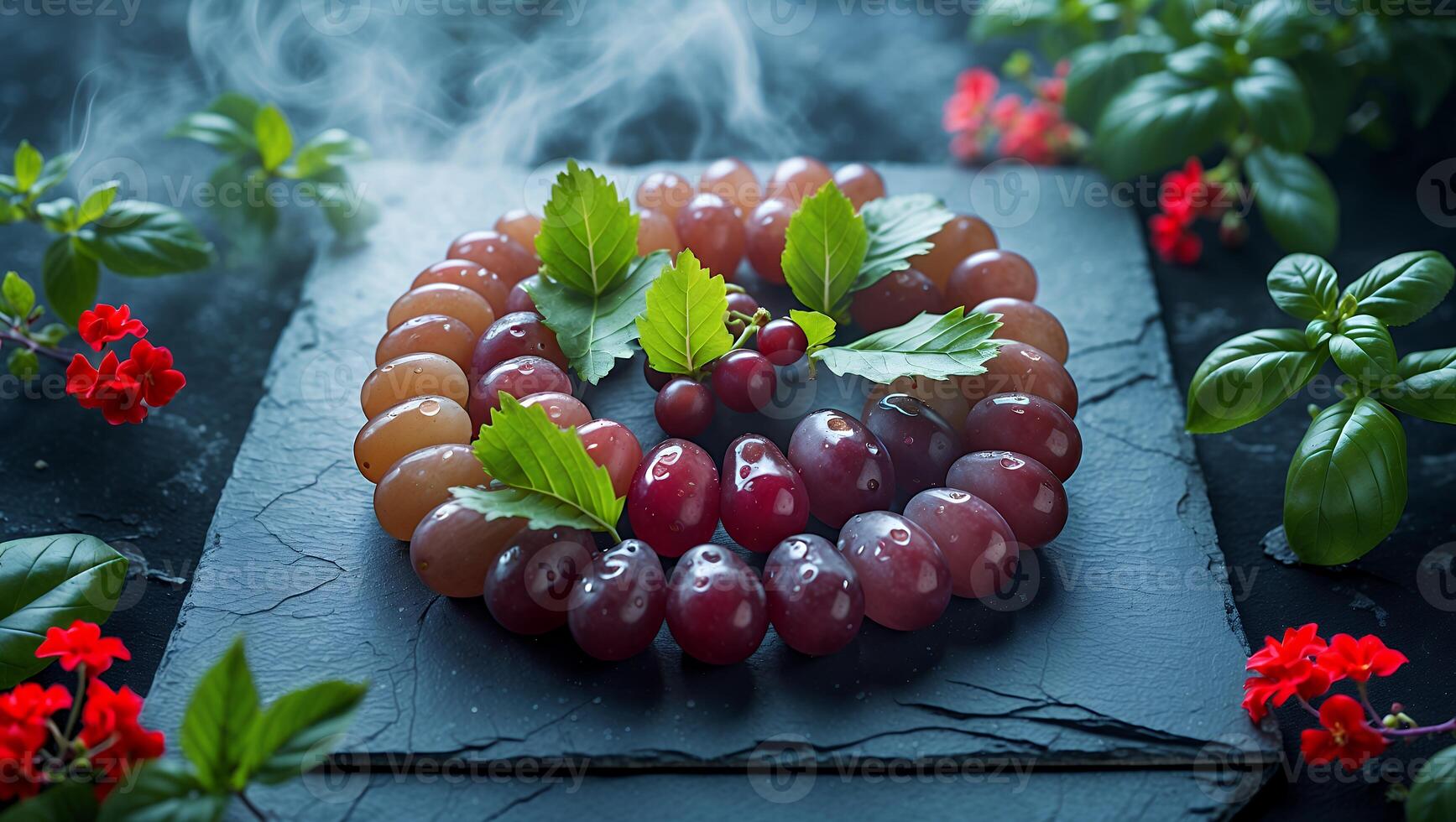Arrangement of Grapes with Basil Leaves and Flowers on Slate photo