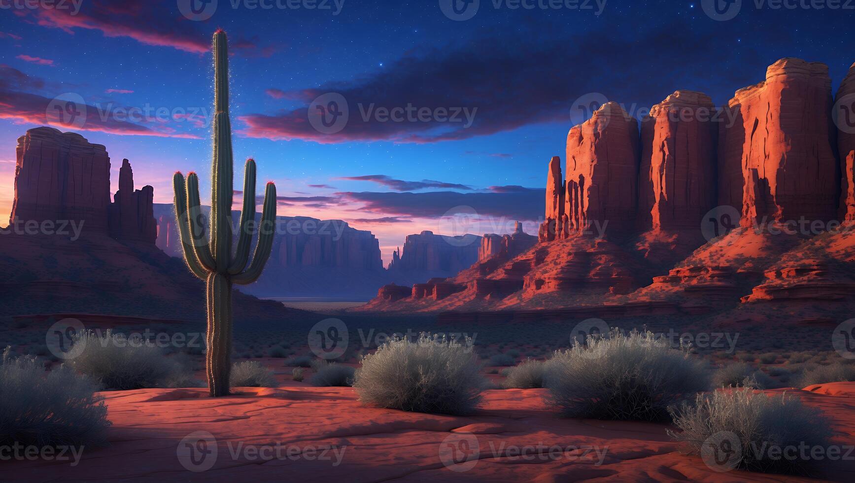 Standing Cactus at Dusk in Red Rock Desert Landscape photo
