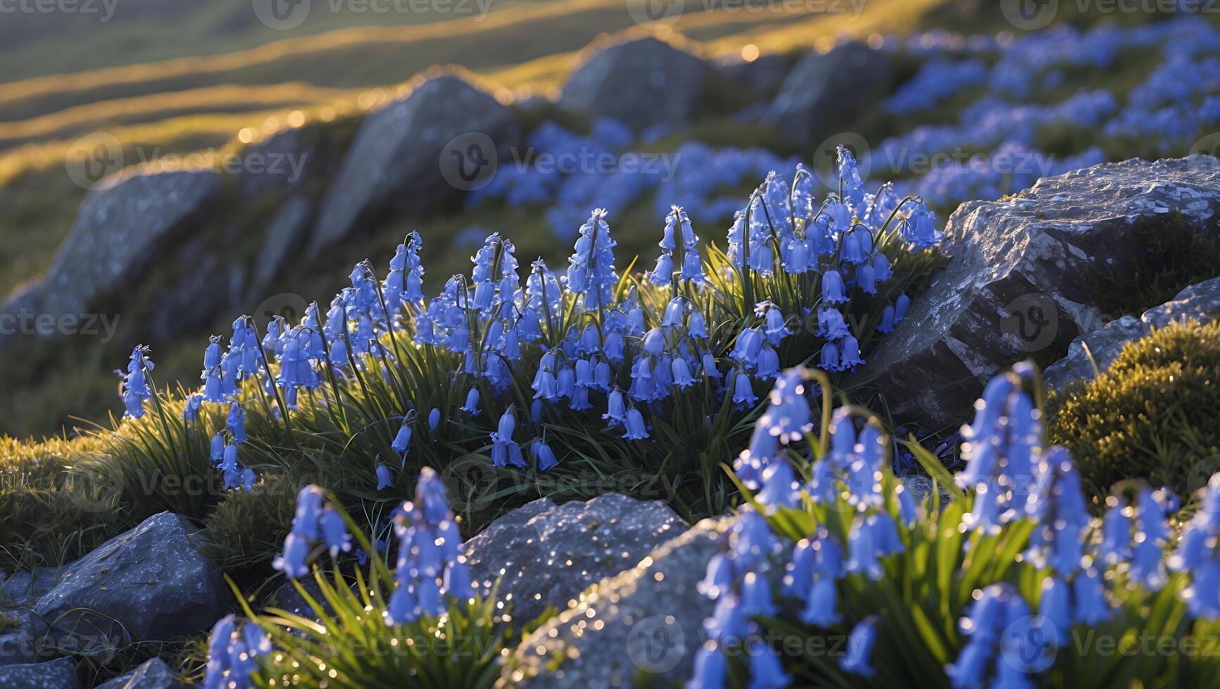 Blooming Bluebells with Rocks on Hillside During Warm Evening Light photo