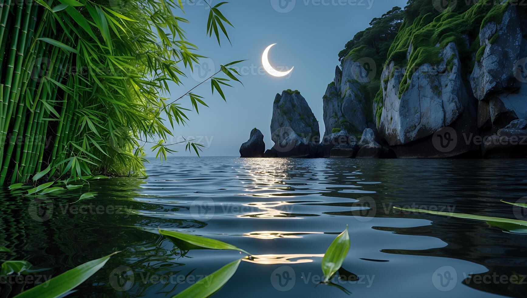 Calm Water with Bamboo and Rock Formations Under Crescent Moon photo