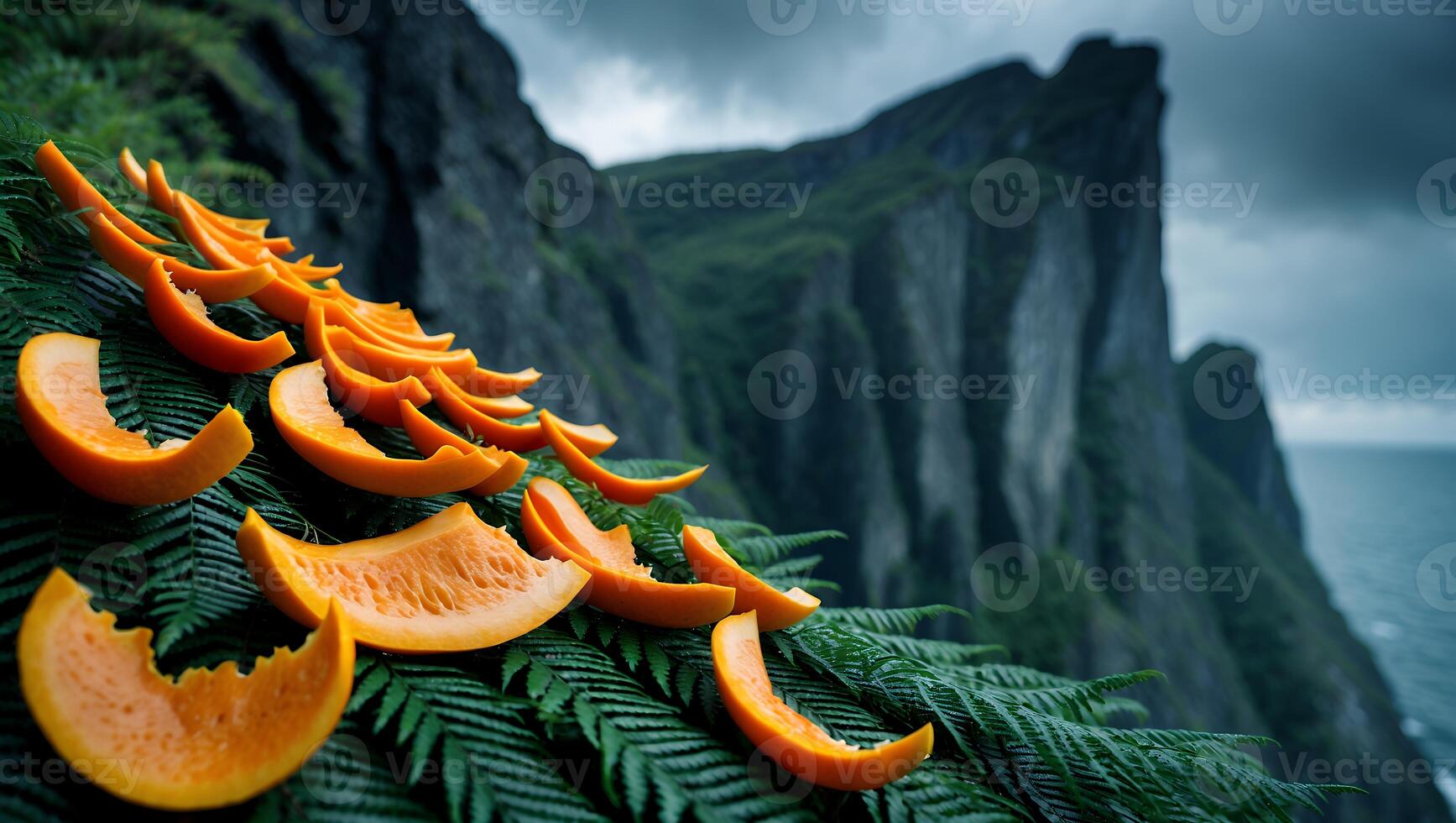 Arranged Orange Fruit Slices on Green Fern with Mountain Backdrop photo