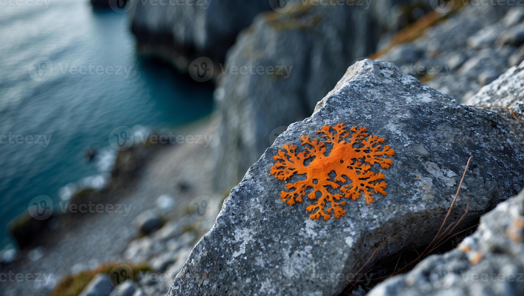 Orange Lichen Growing on Grey Rock with Ocean View Landscape photo
