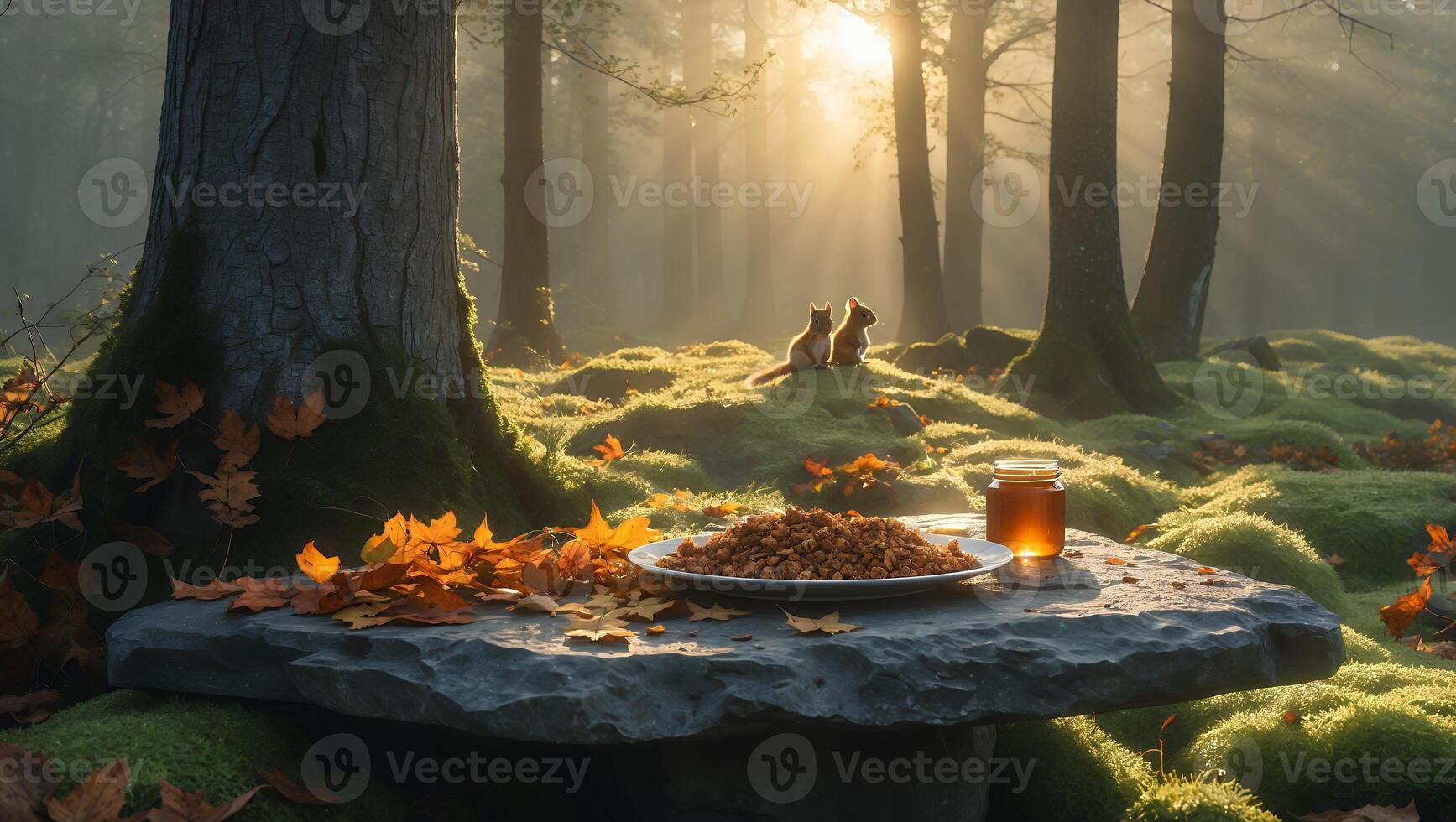 Forest Feast Plate and Honey with Two Squirrels Enjoying Sunlight photo
