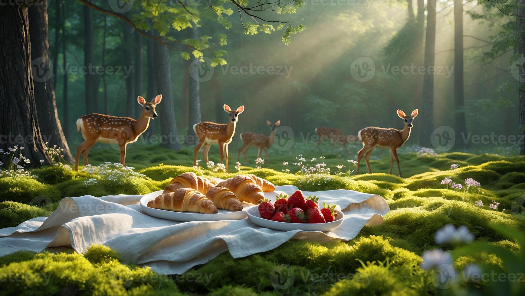 Picnic with Deer in Dreamy Forest with Croissants and Strawberries photo