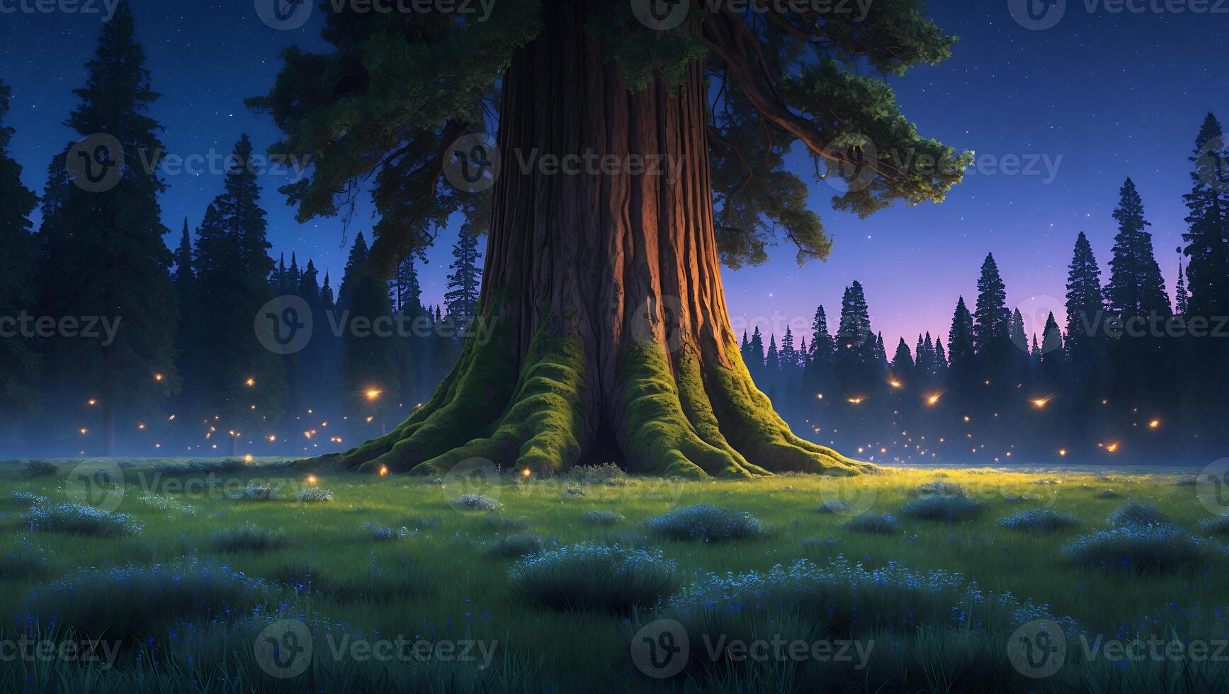 Giant Redwood Tree with Fireflies at Twilight in a Lush Forest photo