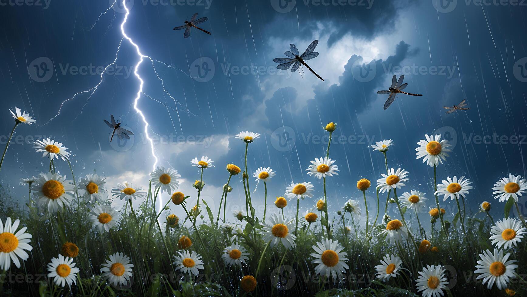 Daisies in Field During Rainstorm with Lightning and Dragonflies photo