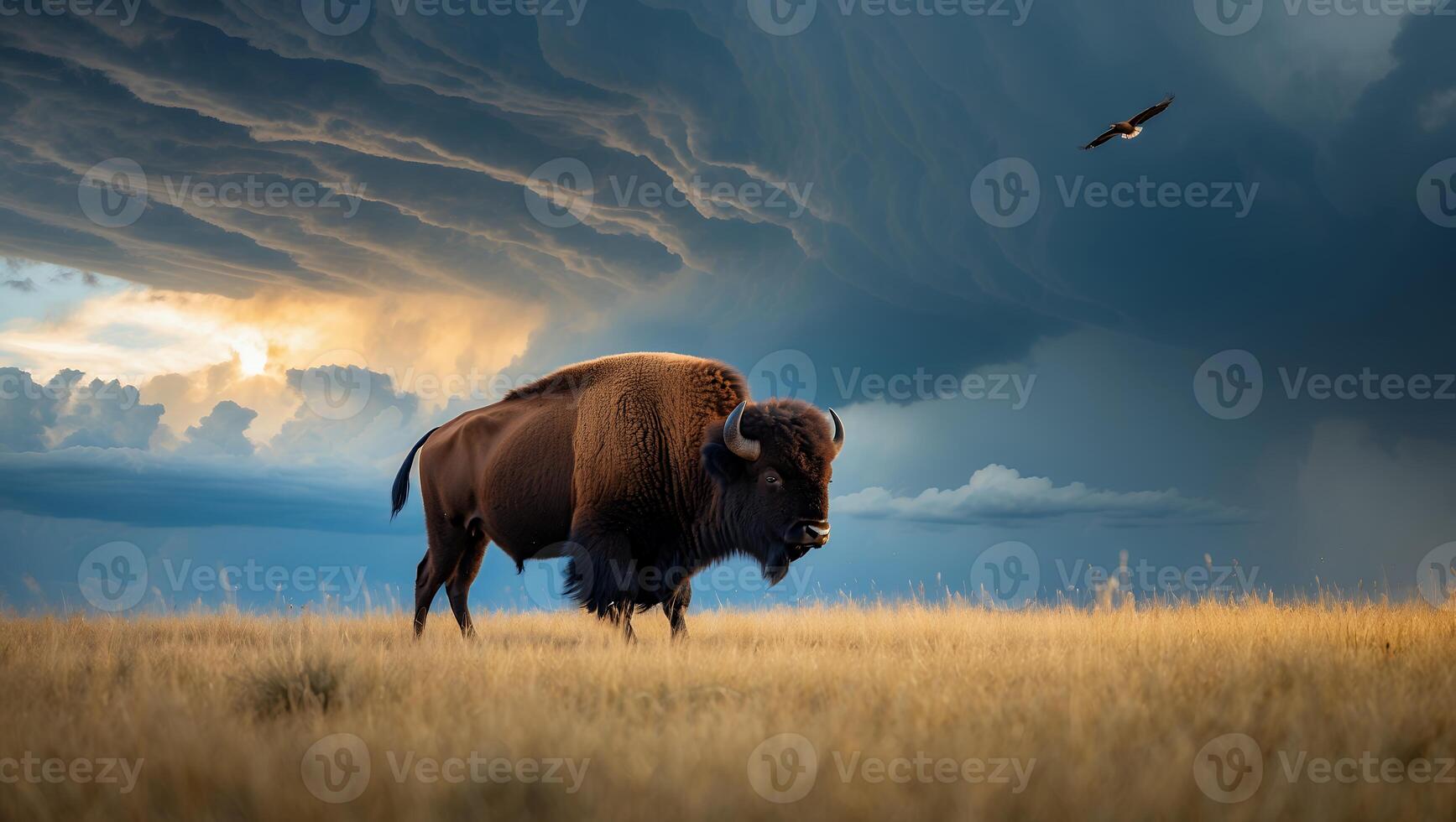 Bison Walking in Golden Field Under Dramatic Cloudy Sky with Bird photo