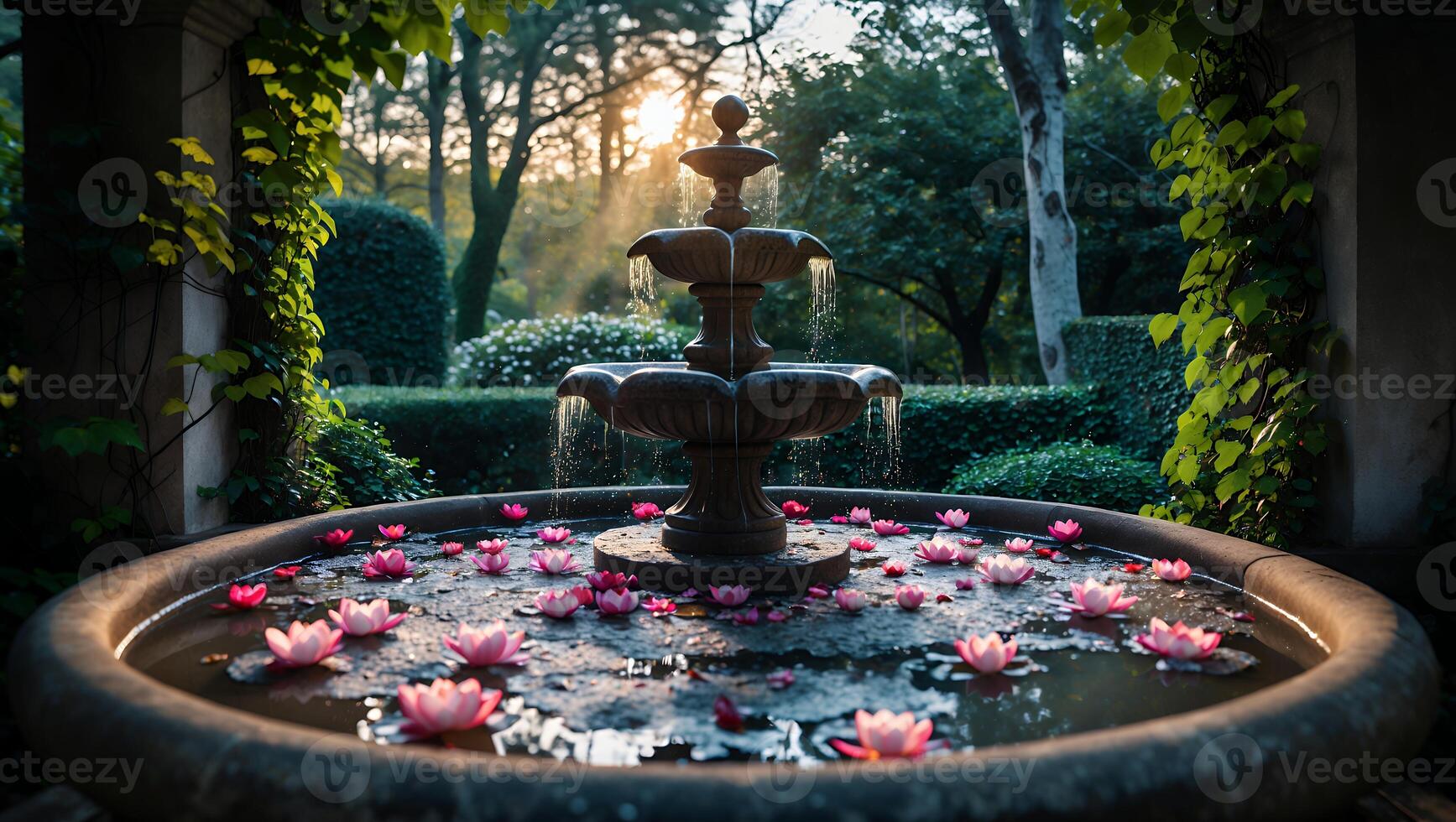 Water Fountain with Lotus Flowers in Garden at Sunset photo