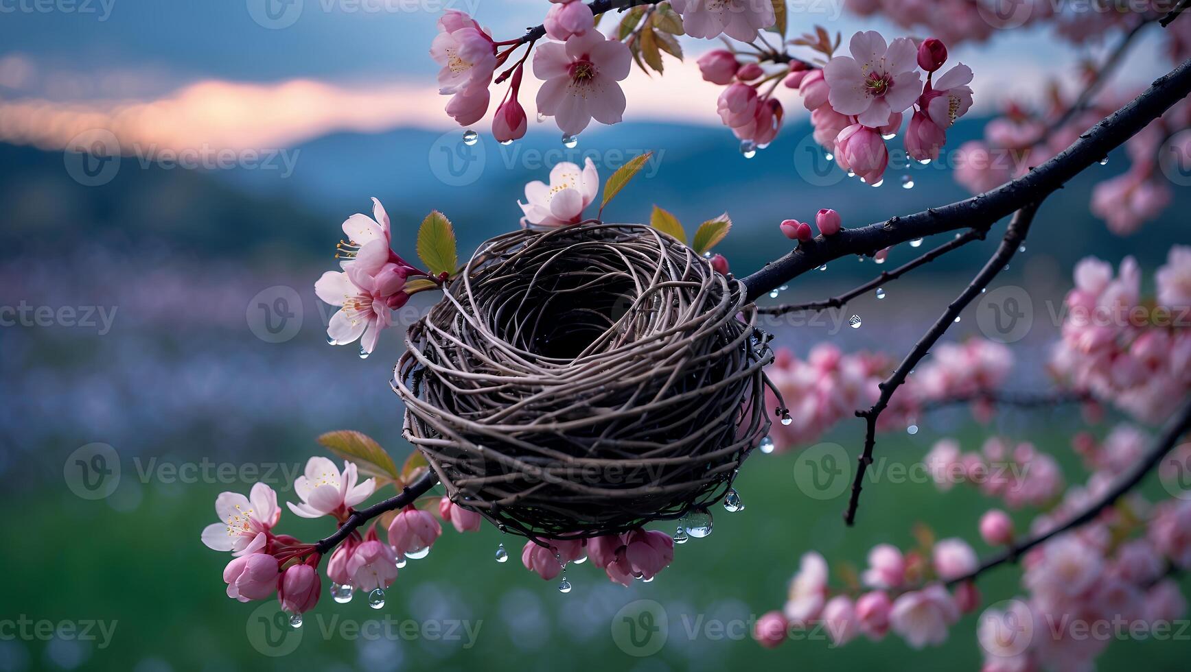 Bird Nest on Cherry Blossom Branch with Water Droplets photo