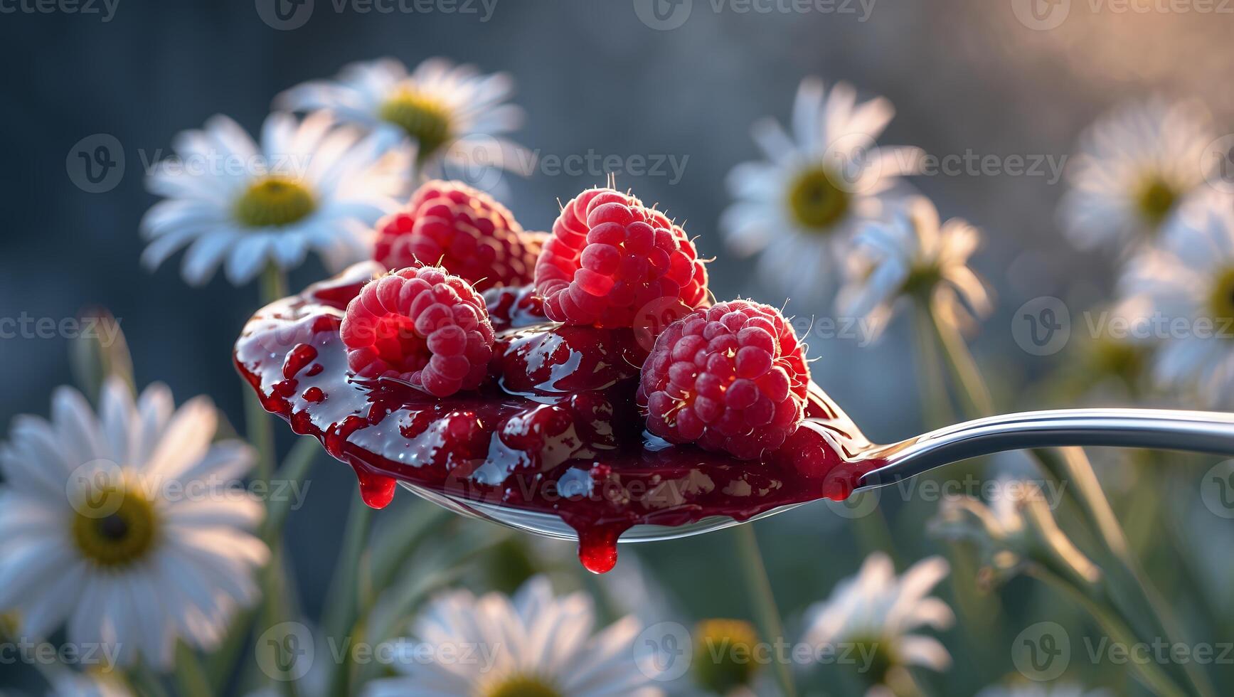 Raspberry Jam on Spoon with Dripping Syrup and Daisy Flowers photo