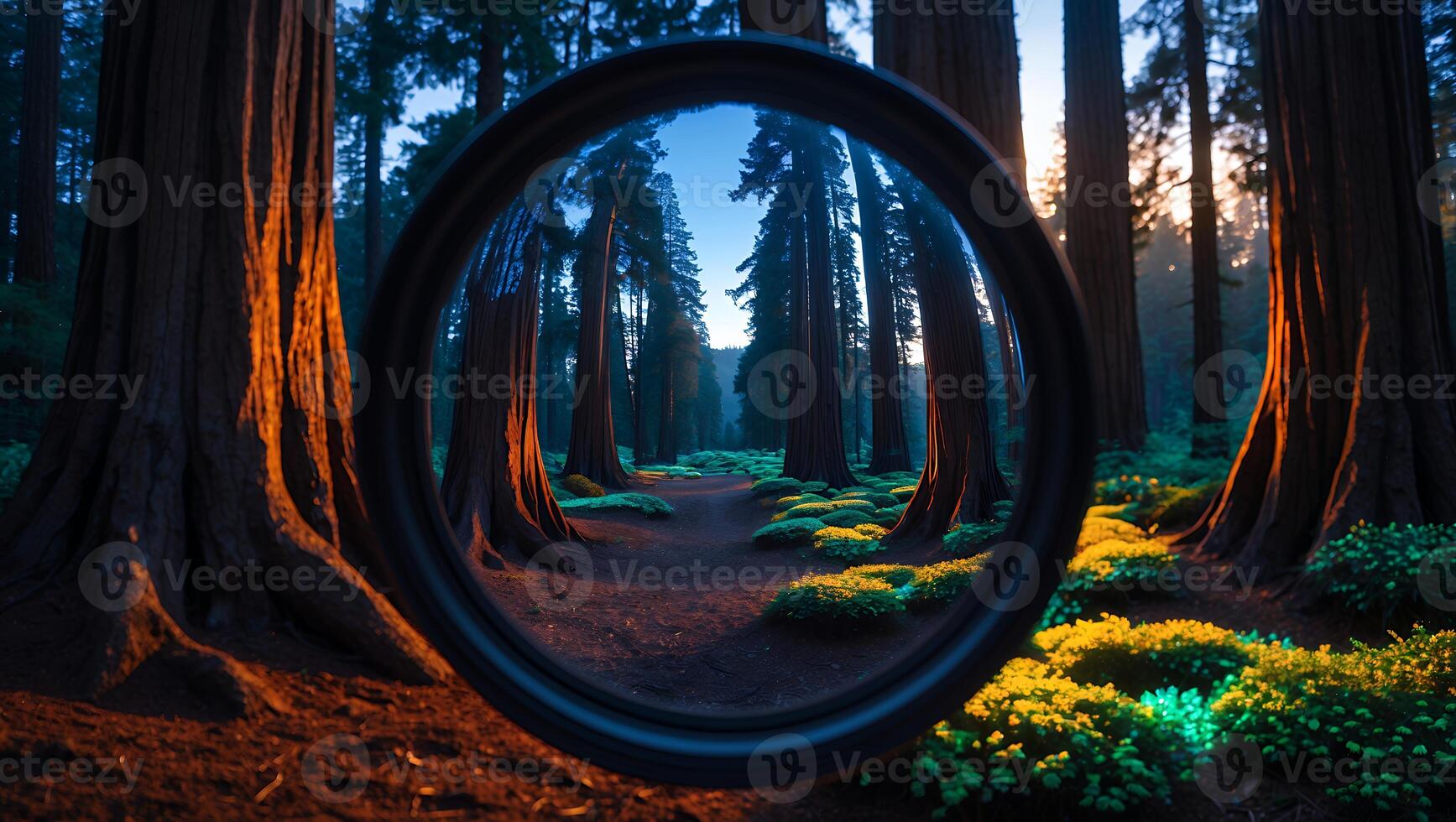 Exploring Redwood Forest Path Through a Unique Circular Frame Perspective photo