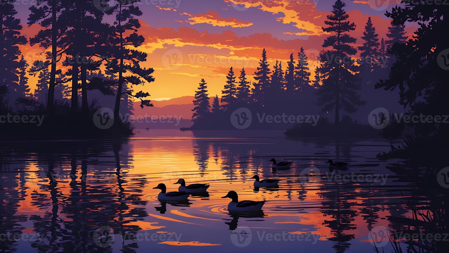 Ducks Swimming in Lake at Sunset with Forest Reflection Scenery photo
