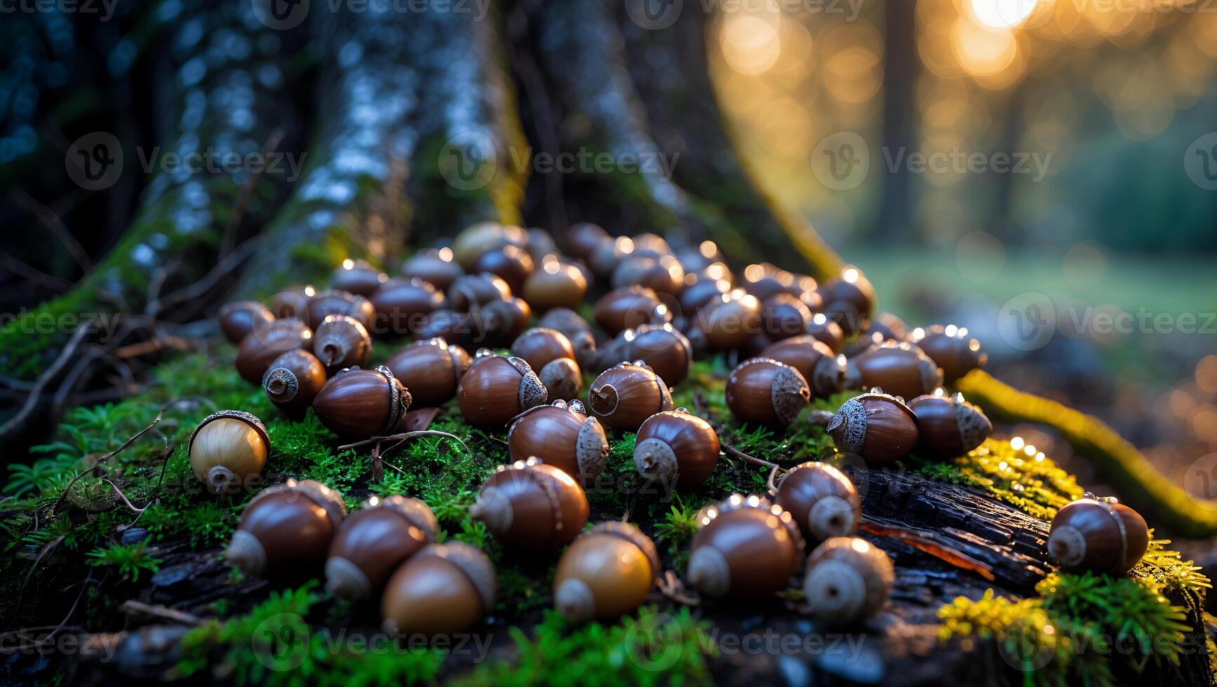 Gathering Acorns at Tree Base in Forest During Autumn photo