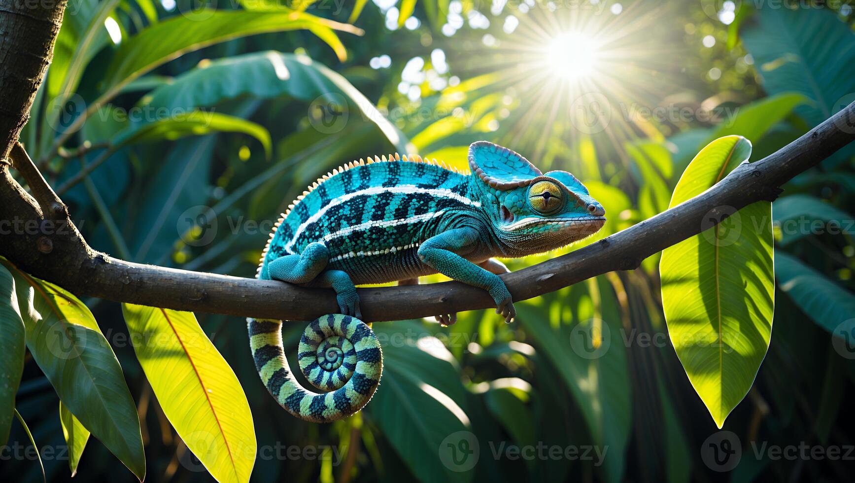 Chameleon Resting on Branch in Lush Tropical Jungle Setting photo